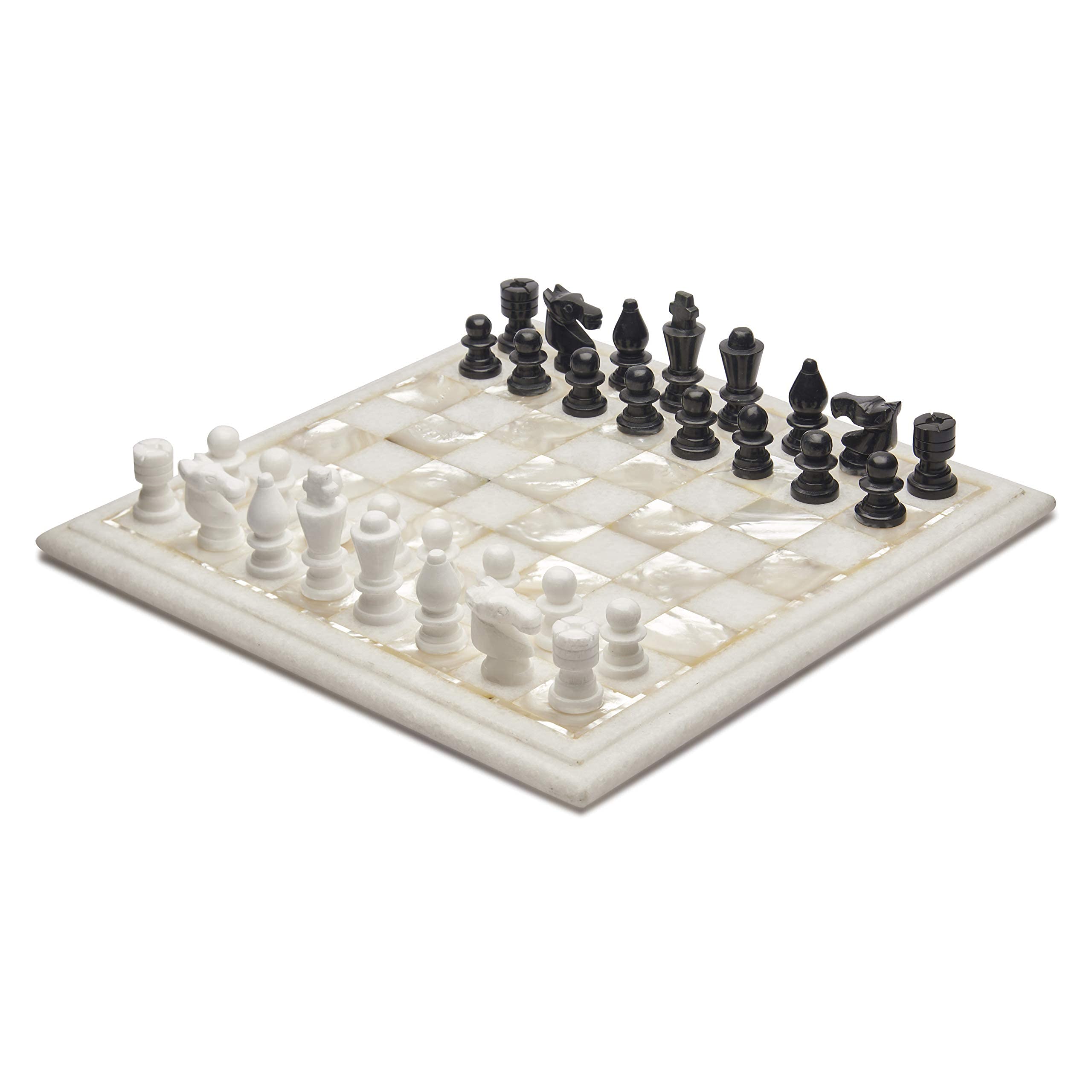 Queenza 12 Inch White Marble Chess Set - Handcrafted Weighted Chess Board with Mother of Pearl Inlay & Alabaster Marble Pieces - Luxury Chess Game for Adults with Storage Box | Perfect for Home Decor, Game Nights & Gift Giving