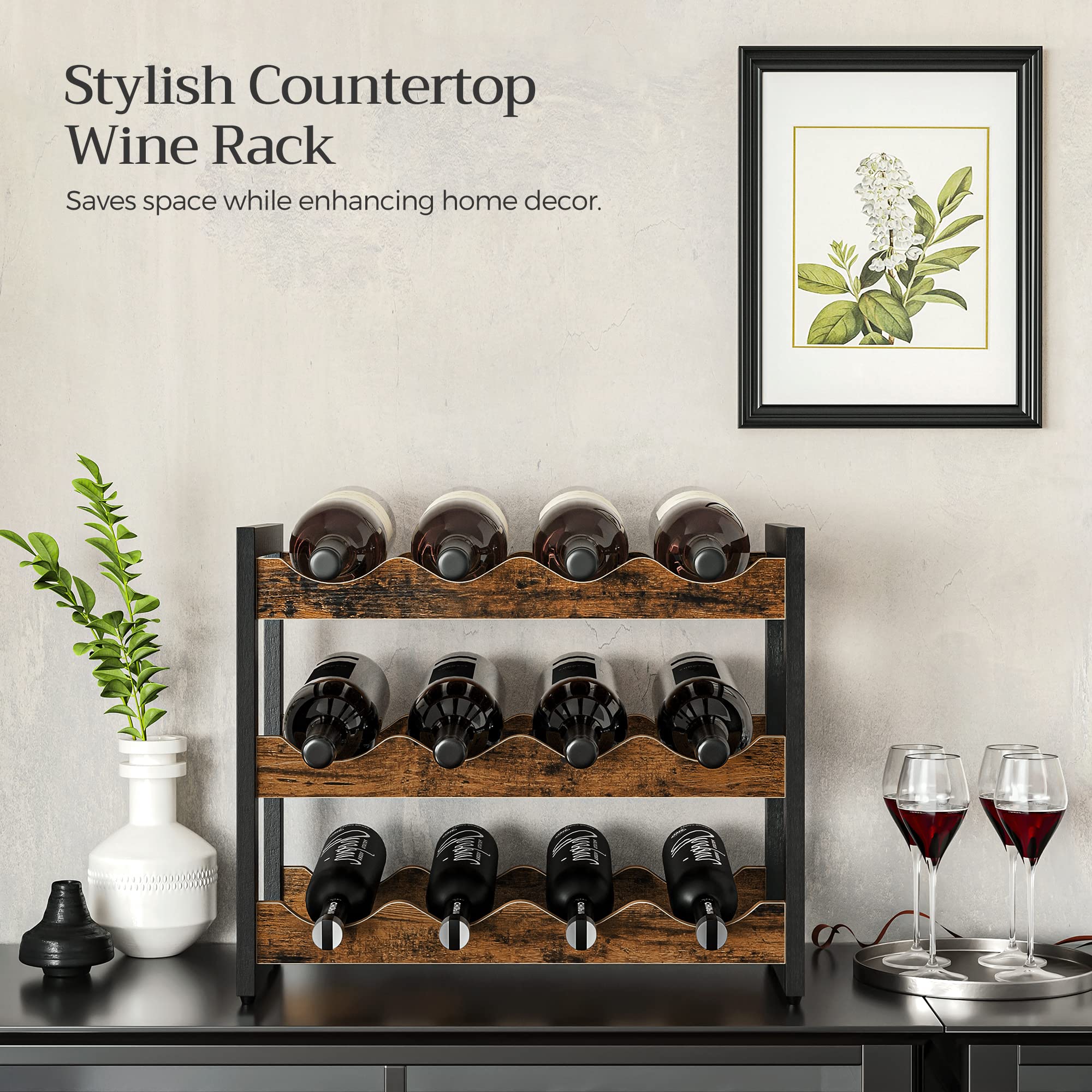 SONGMICS 3-Tier Bamboo Wine Rack - Holds 12 Bottles, Tabletop Wine & Water Bottle Organizer for Kitchen, Bar, Pantry - Rustic Brown & Black Countertop Storage Shelf for Home & Office Use