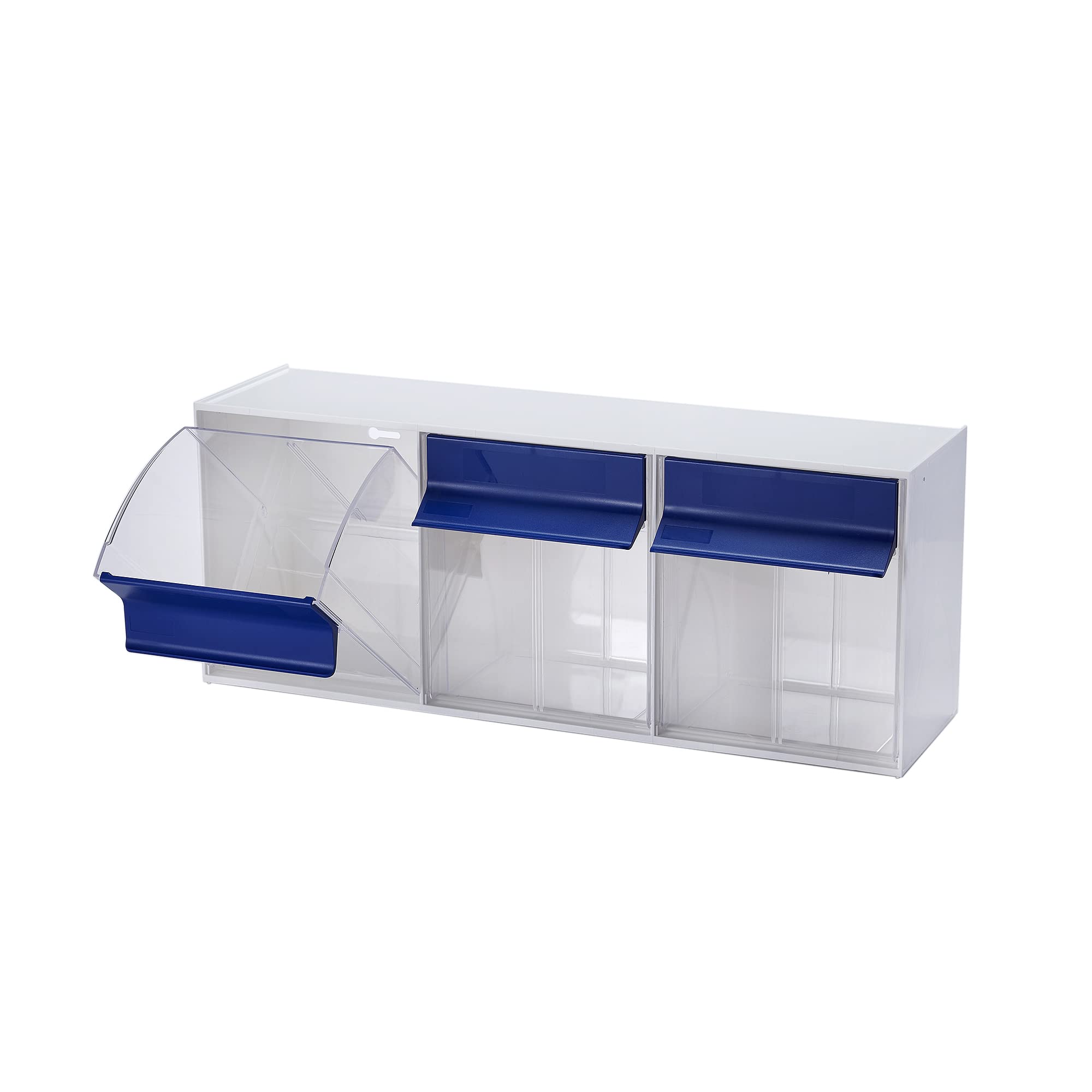 Plastic Stackable Storage Bins with Drawers - 3-Pack White/Blue Tilt Bins for Fastener & Bead Organization | Perfect for Craft Rooms, Garages & Closet Organizing