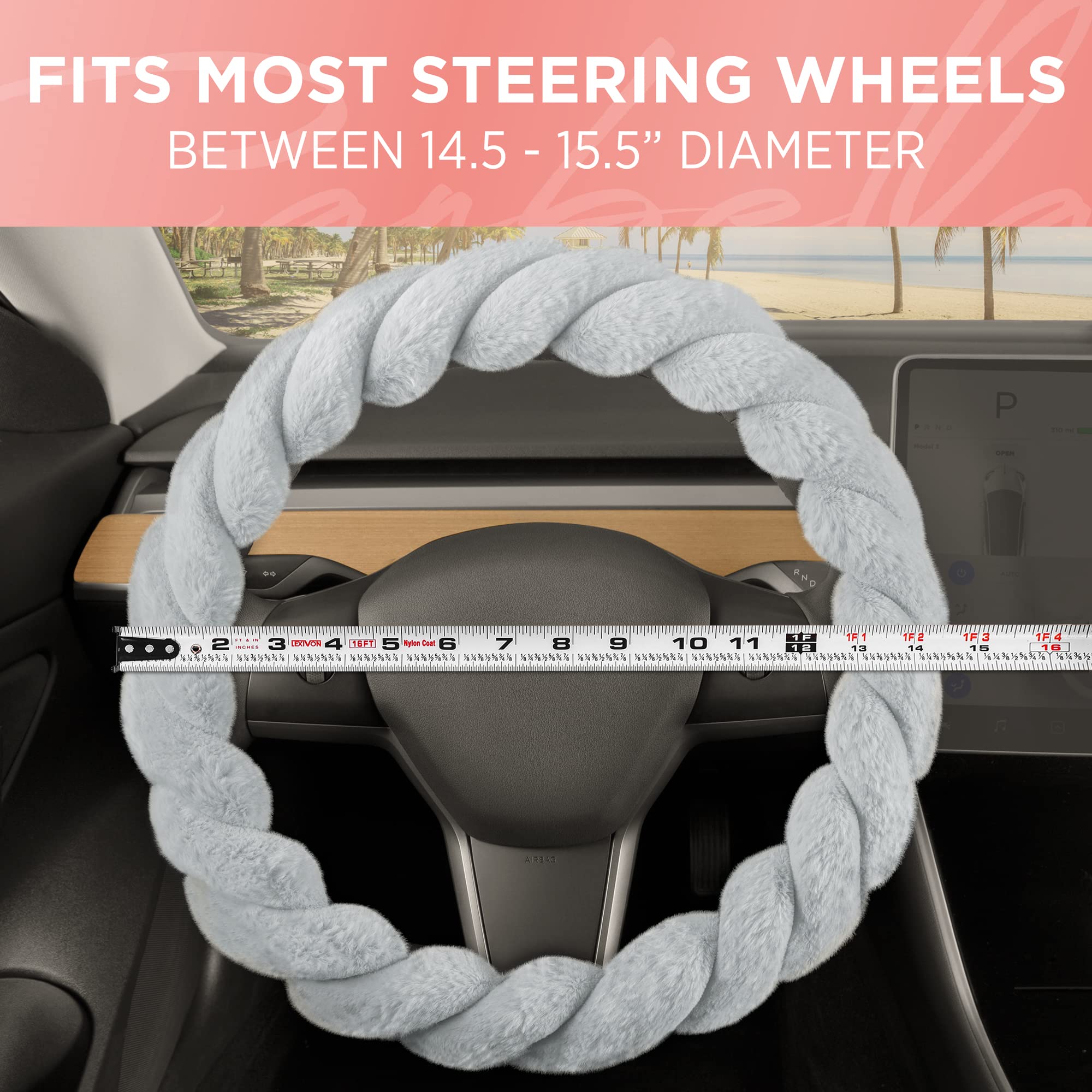 Soft Faux Fur Steering Wheel Cover - 15 Inch, Gray, for Women - Cozy Driving in Winter