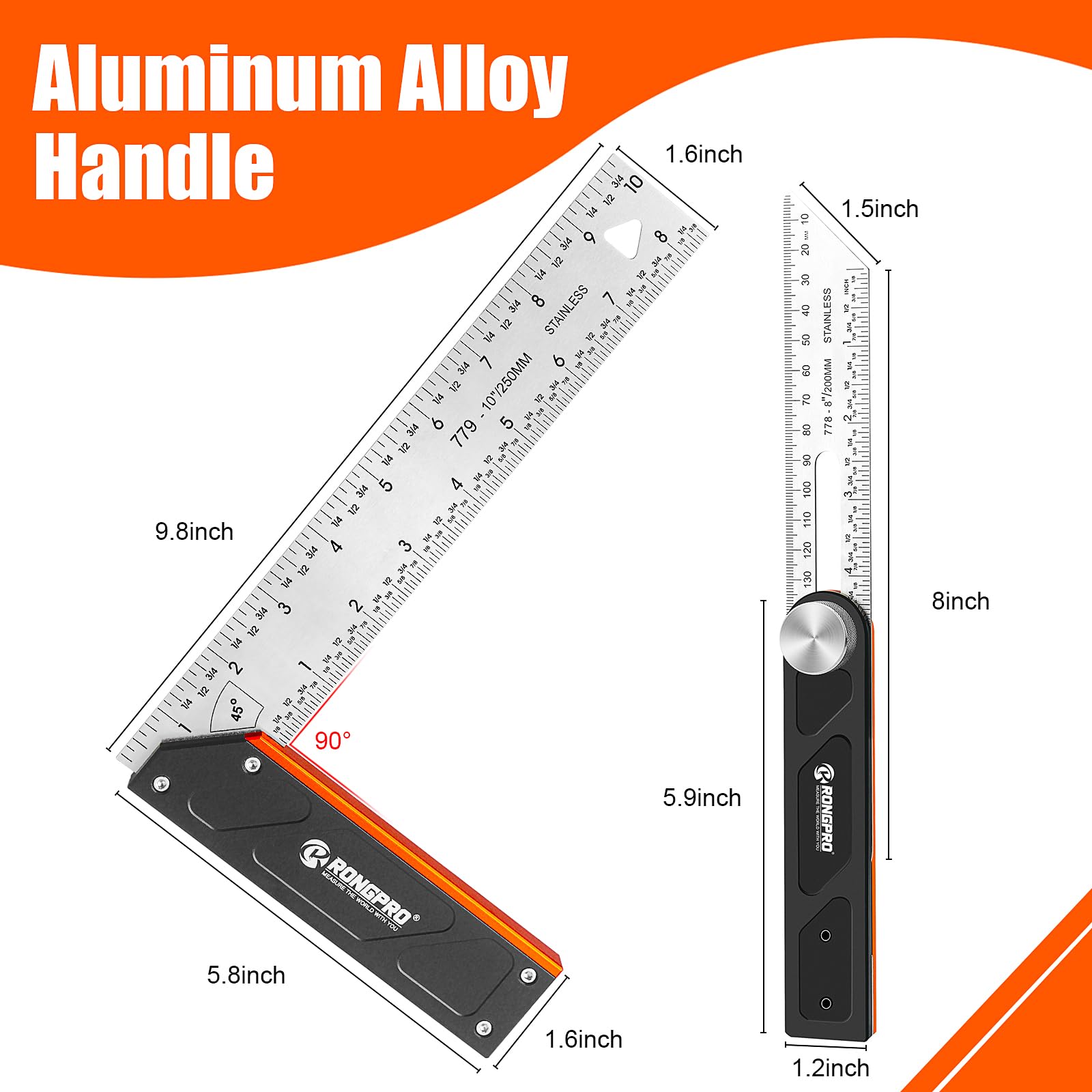10 Inch Woodworking Square Ruler & T-Bevel Gauge Set - 1/16