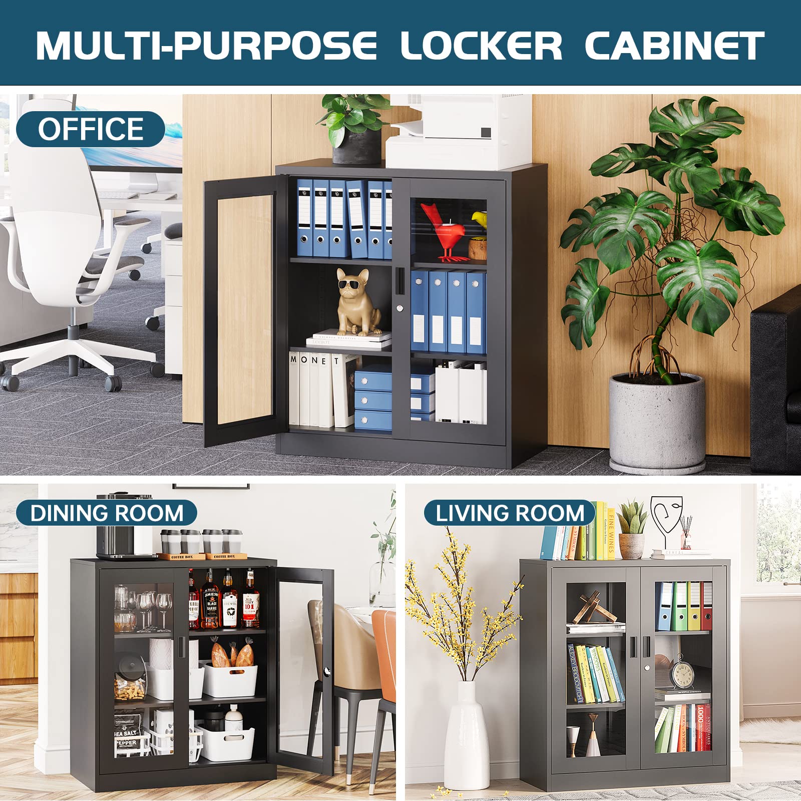 MIIIKO Metal Storage Cabinet with Glass Doors - Counter Height Display Cabinet with 2 Adjustable Shelves, Tempered Glass & Locking Mechanism - Perfect for Kitchen, Office, or Retail Store Display