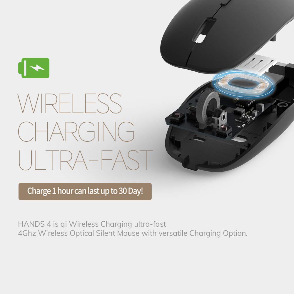 POUT H4 Qi Wireless Charging Rechargeable Mouse - Silent Ambidextrous Optical Mouse for Office & Home Use - Compatible with Wireless Chargers - Perfect for Desk Work, Gaming & Travel (White)