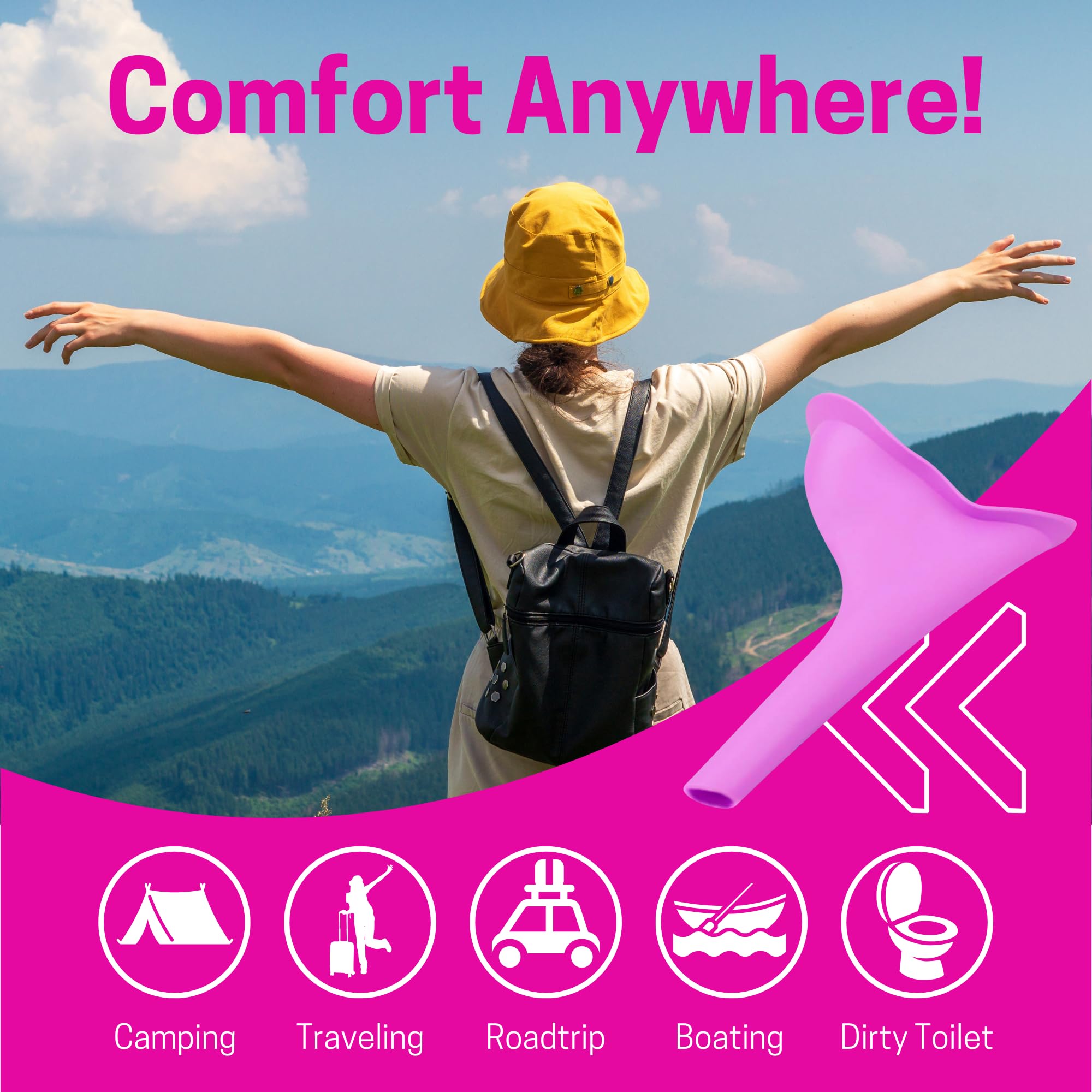 Travel Urinal for Women - Spill Proof, Reusable & Lightweight Female Urination Device - Stand Up Pee Portable Urinal for Camping, Hiking, Road Trips & BBL Post Surgery Supplies