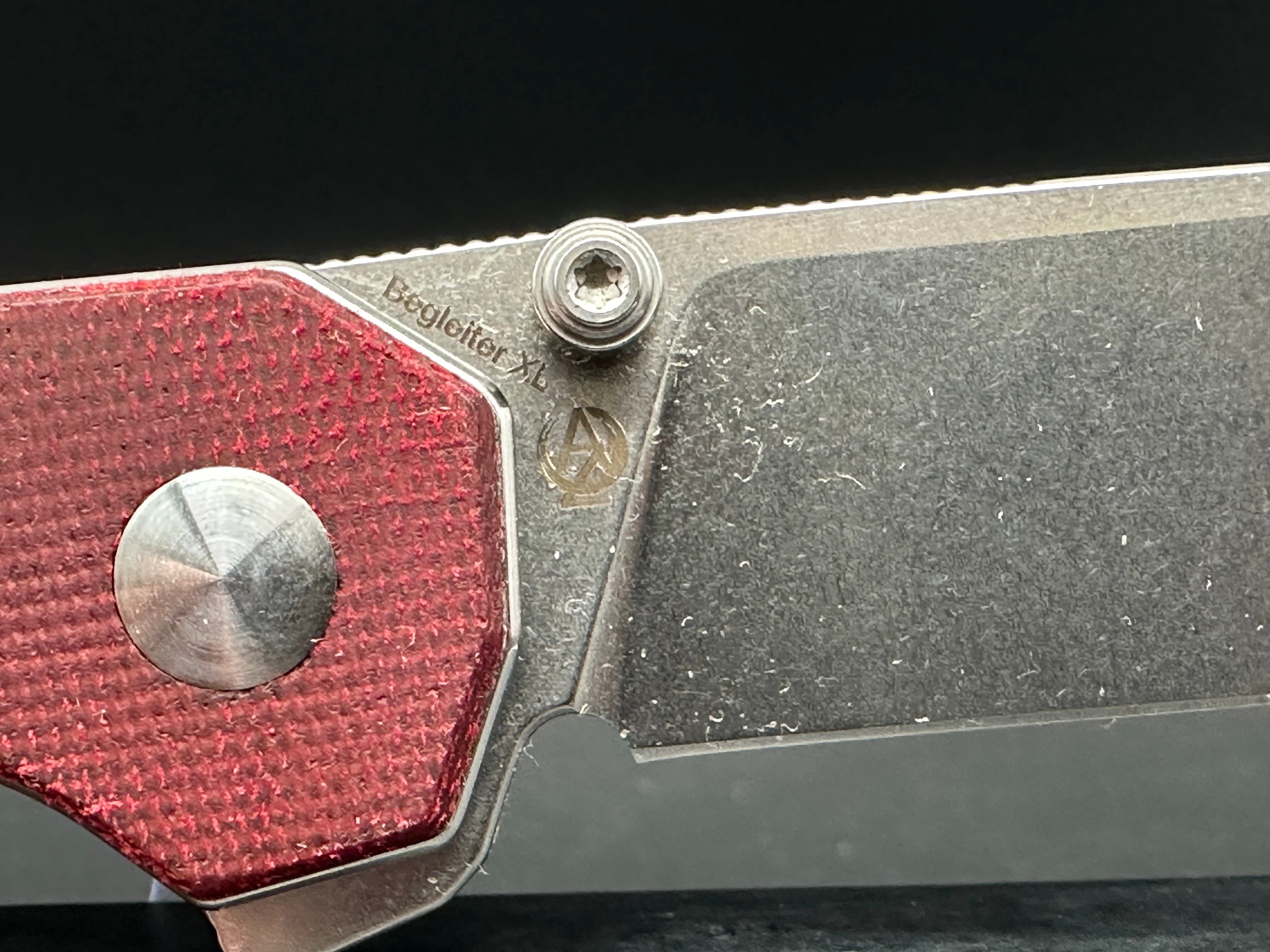 BEGLEITER XL Button Lock Flipper Knife - 154CM Steel Plain Edge, Dyed Red Micarta Handle - EDC, Outdoor, Camping & Tactical Use