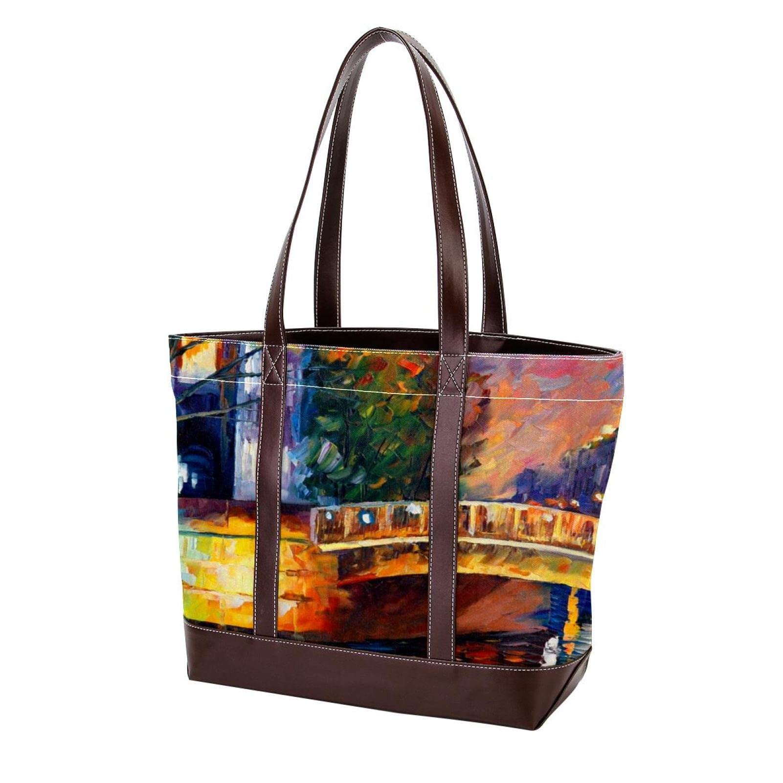 Stylish Women's Tote Bag - Waterproof Beach Bag with Zipper, Spacious Laptop Shoulder Purse - Riverside Bridge Scenery Design - Perfect for Work, Travel & Shopping