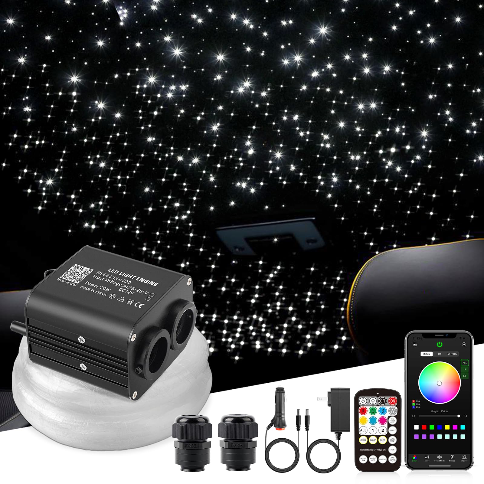 20W Twinkle LED Fiber Optic Lights - 650pcs 0.03in Star Ceiling Kit with Bluetooth APP & Remote Control for Car Roof & Home Decoration | Create Starlight Ambiance for Bedroom, Party, Wedding & Relaxation