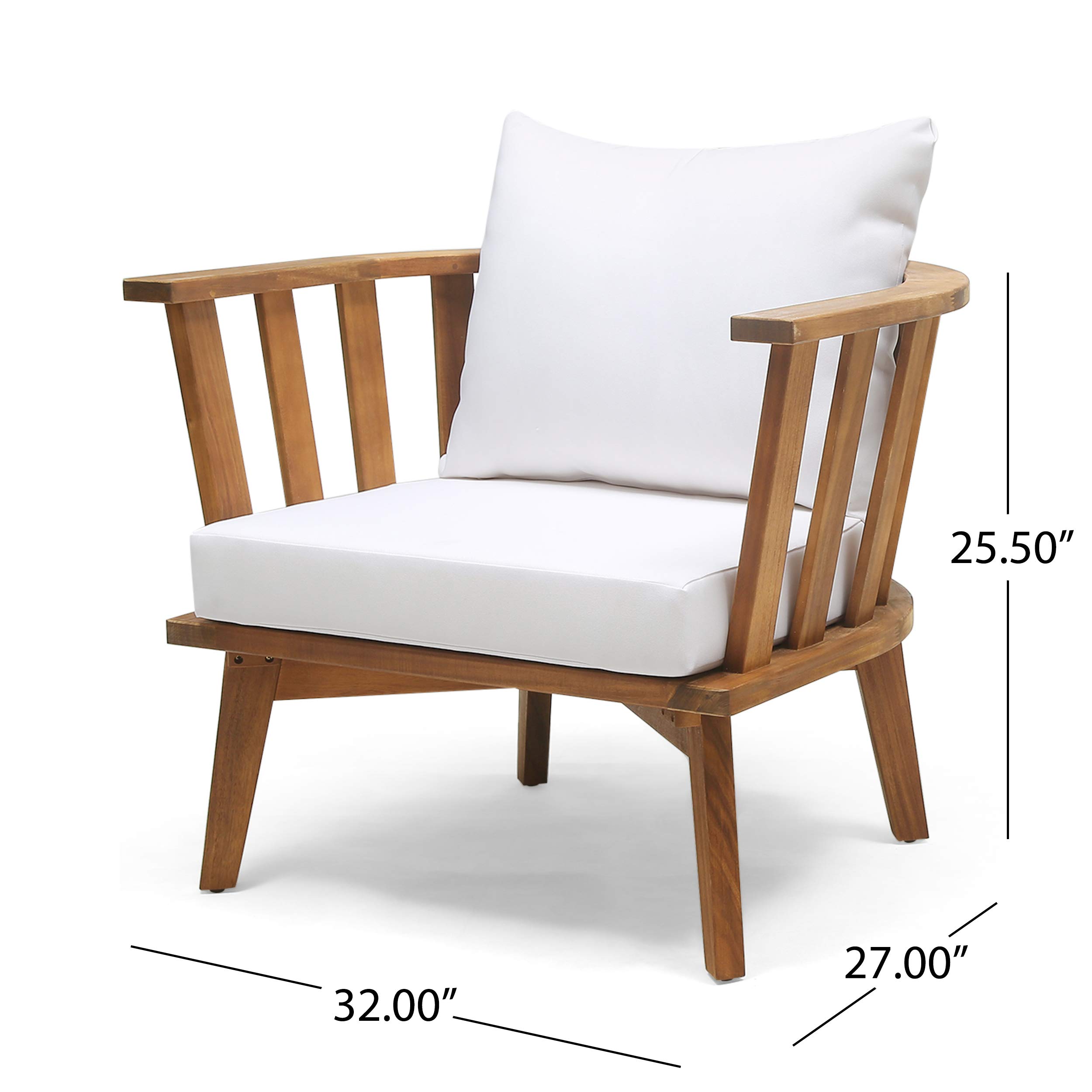 Christopher Knight Home Dean Outdoor Wooden Club Chair with Cushions - White & Teak Finish - Patio, Garden, Poolside, or Deck Lounge Chair for Relaxing Outdoors