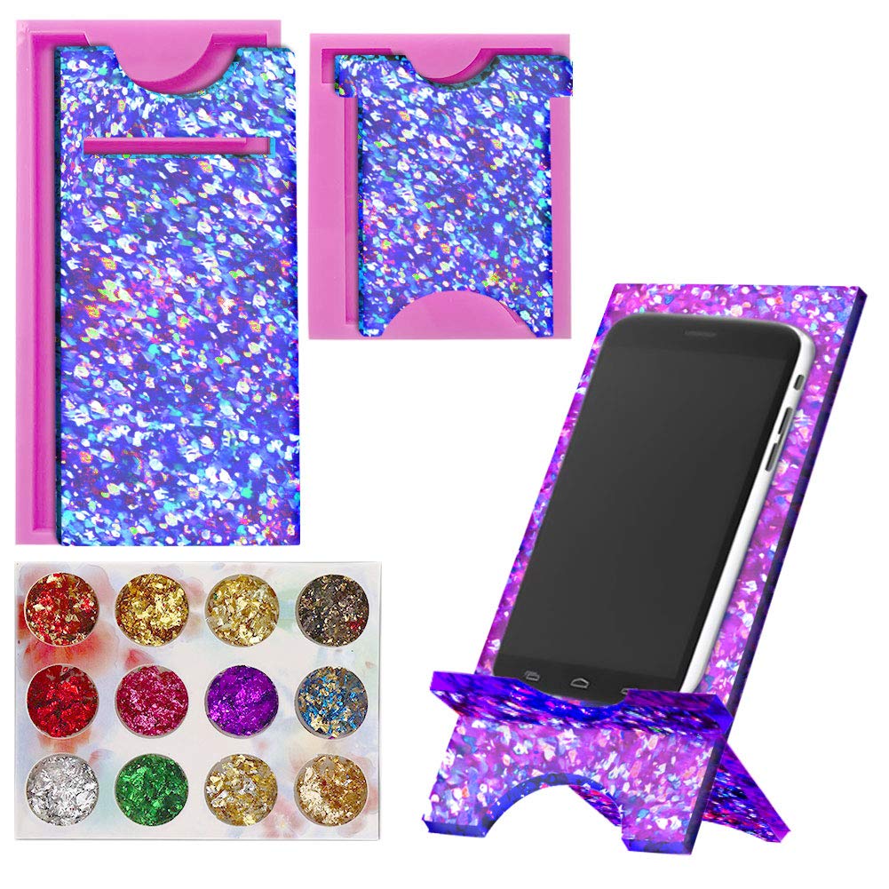 DoreenBow Resin Phone Stand Molds with 12-Color Gold Foil - Silicone Epoxy Casting Molds for DIY Craft & Phone Holder - Perfect for Resin Art, Jewelry Making, and Home Decor Gifts