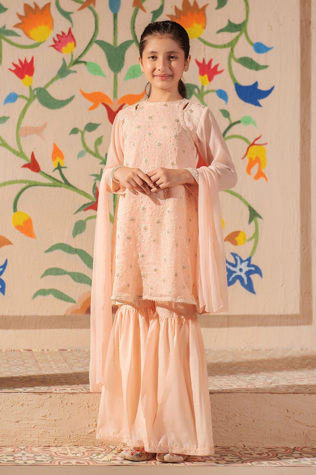 Elegant Chiffon Embroidered Peach Stitched Suit in Ochre - Perfect for Weddings, Parties & Special Occasions