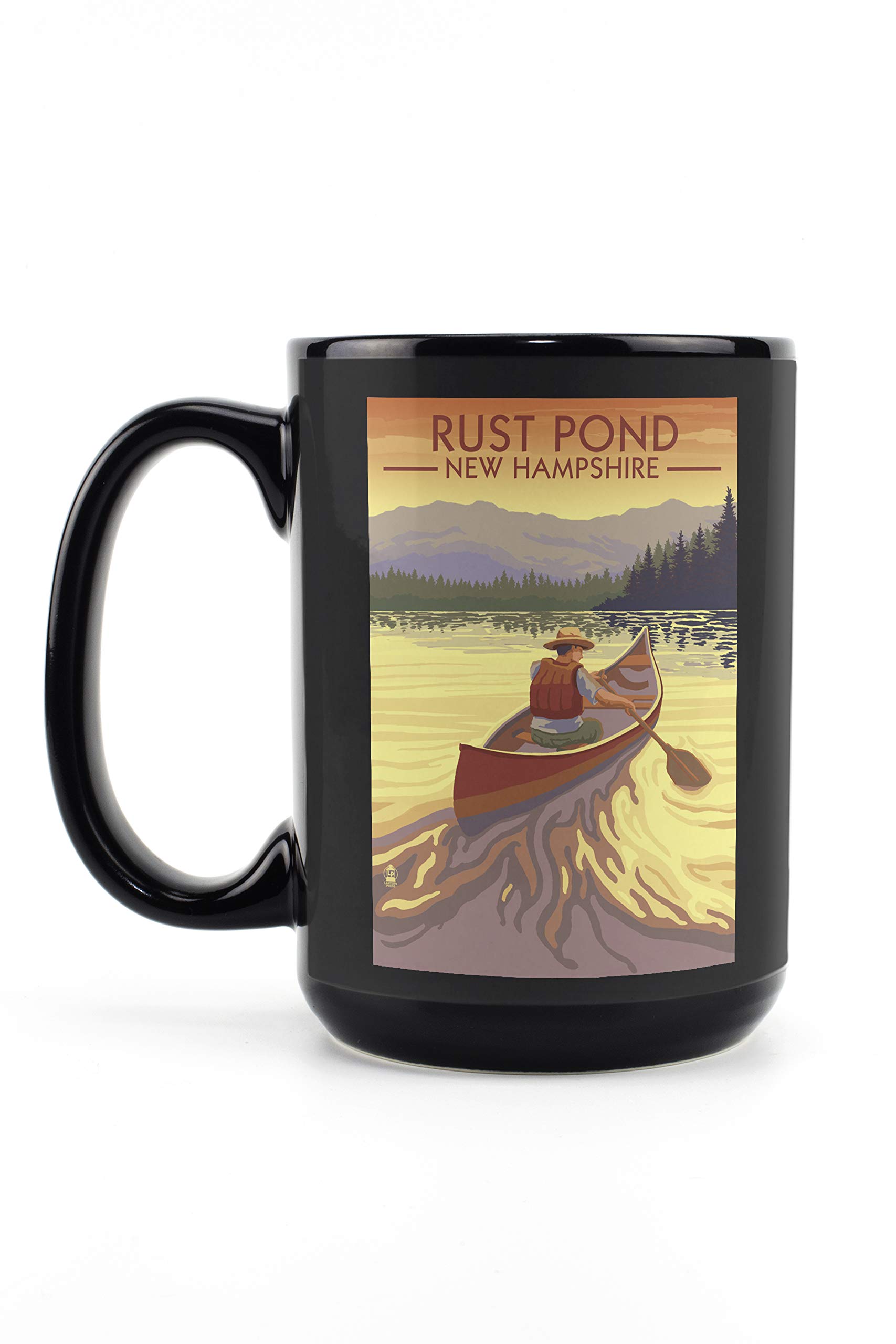 Rust Pond New Hampshire Canoe Scene 15oz Black Ceramic Coffee Mug - Microwave & Dishwasher Safe - Perfect for Camping, Office & Home Use
