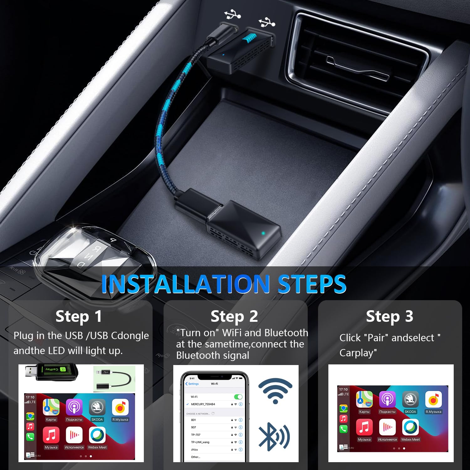 Wireless CarPlay Adapter for iPhone & Android - Plug & Play Bluetooth Dongle Converts Wired to Wireless CarPlay/Android Auto - Compatible with iOS 12+ & Android 11+ - Perfect for Commuting, Road Trips & Hands-Free Driving