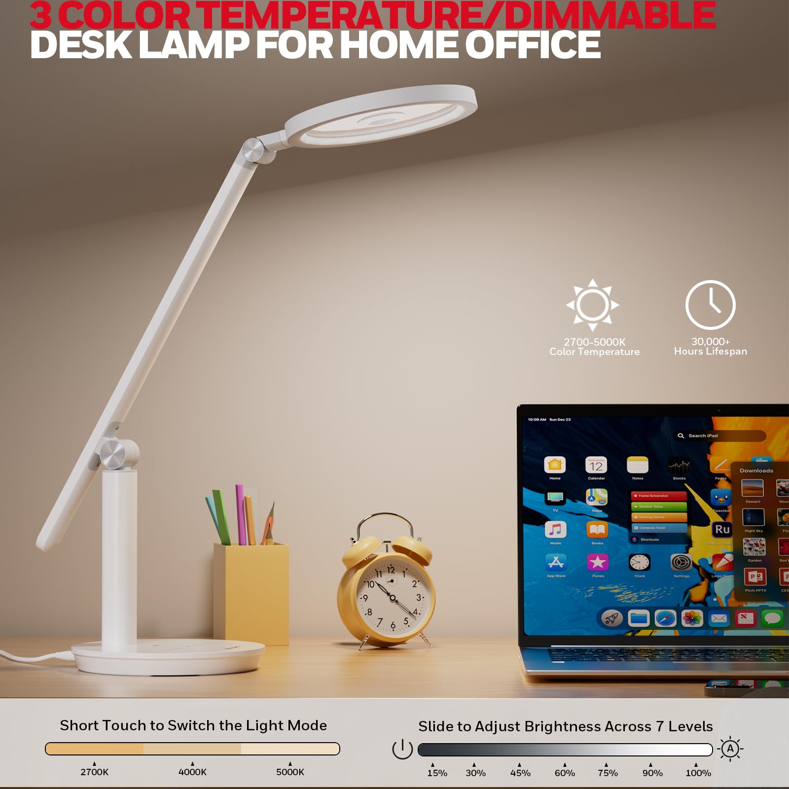 HONEYWELL H6 Sunturalux™ Eye-Caring LED Desk Lamp - 800LM Dimmable Office Light with Timer & Touch Control, Tall Reading Lamp for Home Office, Study, Bedroom, Webcam Lighting - Perfect for Zoom Meetings, Night Reading & Workspace Illumination