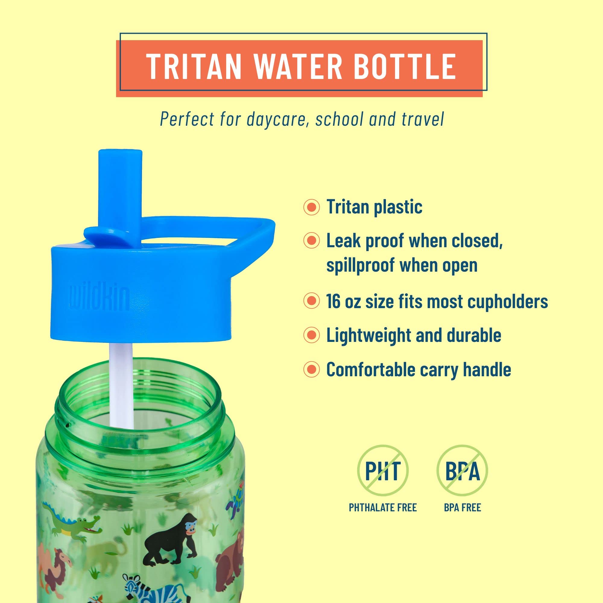 Wildkin Kids 16 oz BPA-Free Tritan Plastic Water Bottle with Leak Proof Lid - Reusable Water Bottle for Boys & Girls, Durable & Easy Clean Toddler Water Bottle - Wild Animals Design - Perfect for School, Sports & Outdoor Adventures
