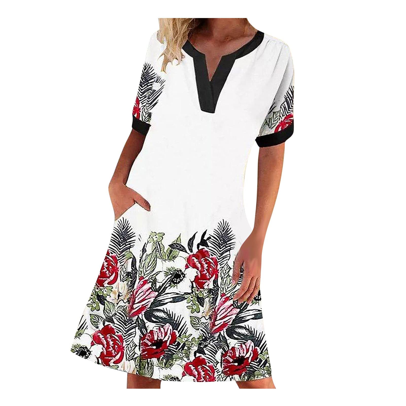 HHmei Women's Casual Vintage Floral Embroidered Linen Dress with Pockets - Short Sleeve Summer Boho Dress for Beach, Garden & Date Night