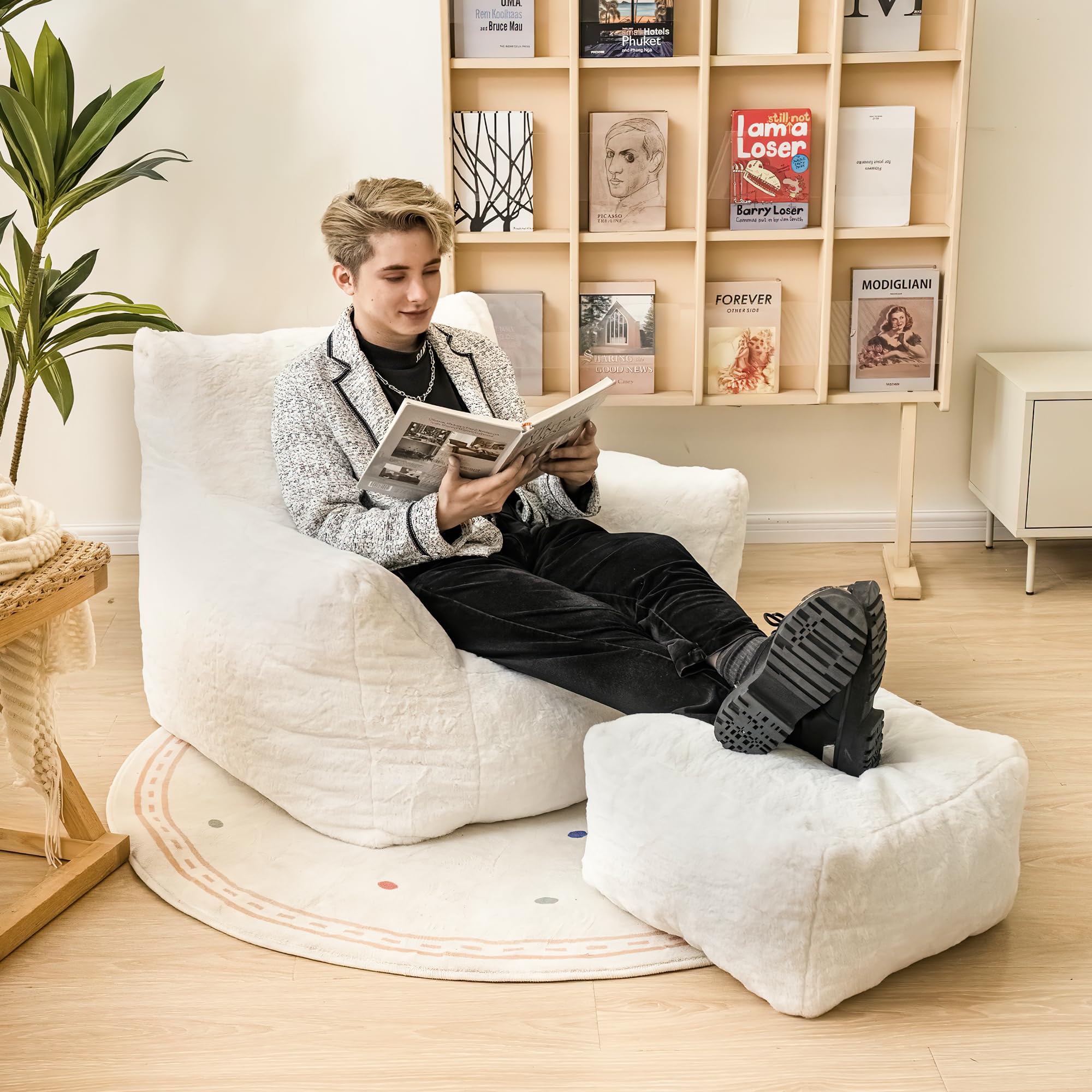 Ultra Soft Fluffy Faux Fur Bean Bag Chair with Ottoman & Armrest - Plush Lazy Sofa with Foot Stool for Living Room, Dorm, Bedroom & Game Room - Comfortable Seating for Relaxing, Reading & Gaming