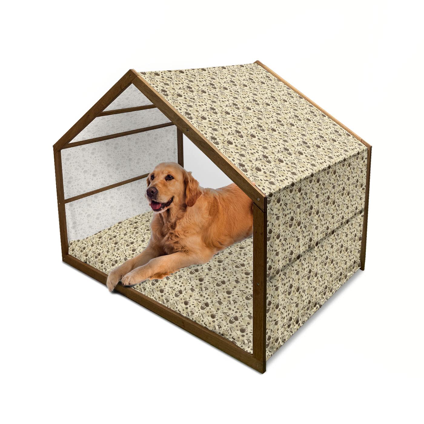 Ambesonne Modern Wooden Dog House - XL Indoor & Outdoor Portable Pet Kennel with Pillow & Cover, Cream & Brown Polka Dot Design - Perfect for Backyard, Patio, or Living Room Use