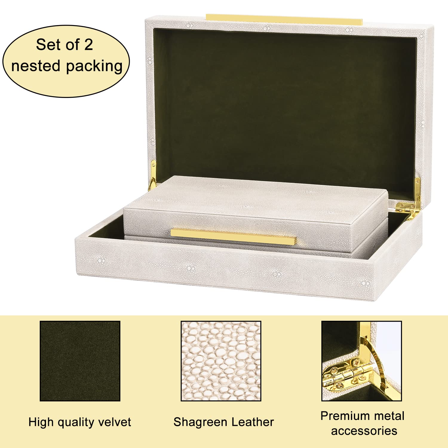 Ivory Shagreen Faux Leather Decorative Storage Box Set of 2 - Large Stackable Jewelry Organizer with Lids for Home Decor, Bedroom & Bathroom Organization