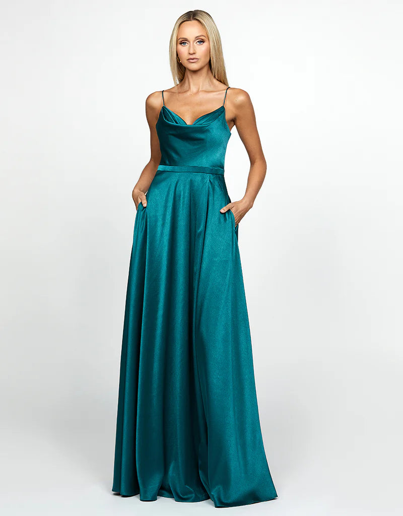 Elegant Diamond Cowl Neck Wrap Gown - Women's Formal Evening Dress for Parties, Weddings & Special Occasions