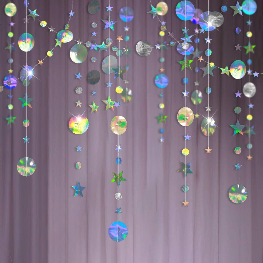 Cheerland Iridescent Star Garland - Holographic Hanging Stars & Moon Decor for Galaxy Themed Parties, Baby Showers, Weddings, Ramadan, Eid Celebrations | Perfect for Space-Themed Birthday Decorations, Celestial Backdrops & Alien Party Decorations