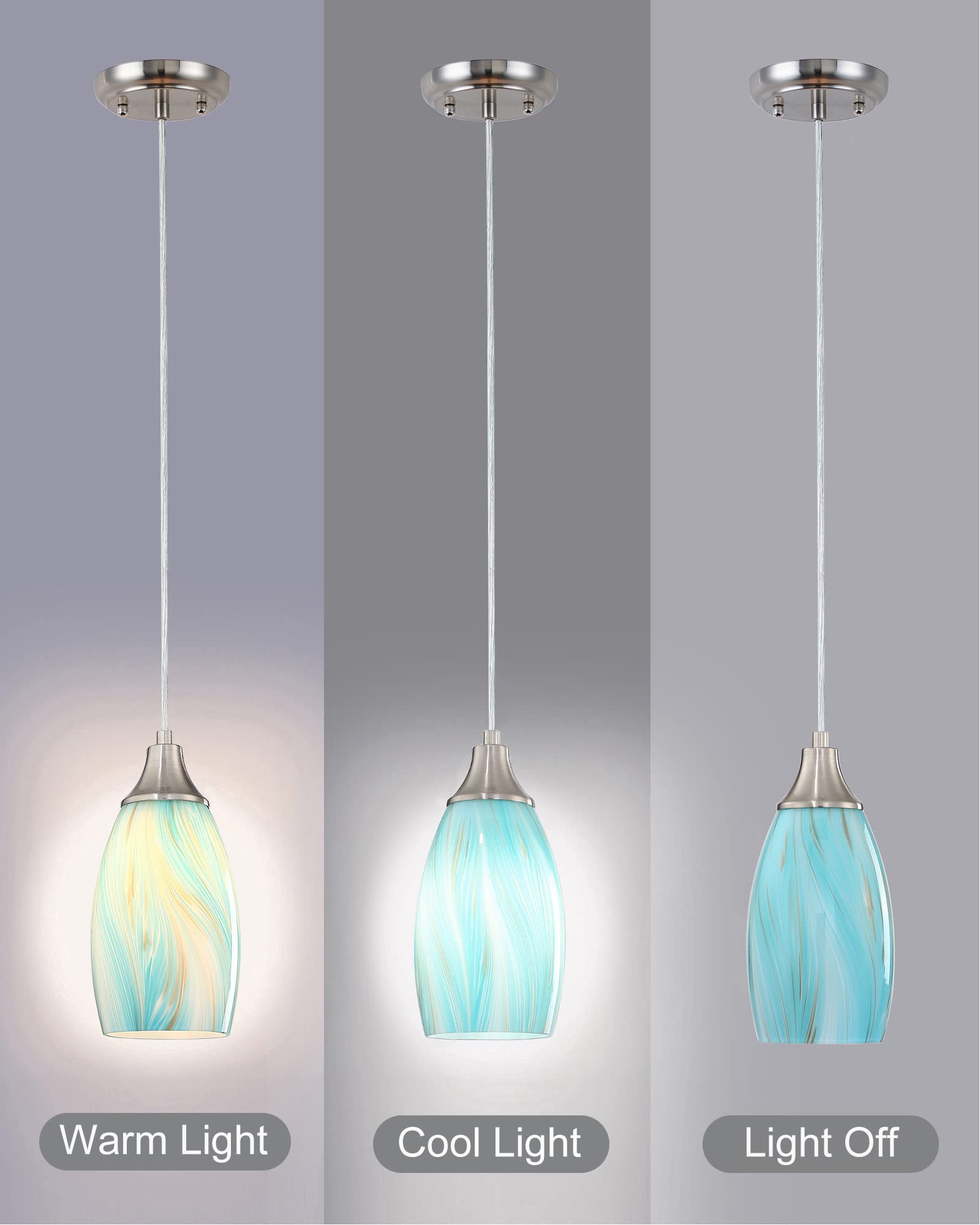 Handcrafted Mini Teal and Gold Art Glass Pendant Lights - 3 Pack Brushed Nickel Adjustable Cord Hanging Lamps for Kitchen Island, Coffee Bar & Dining Room - Elegant Ceiling Lighting for Modern Home Decor