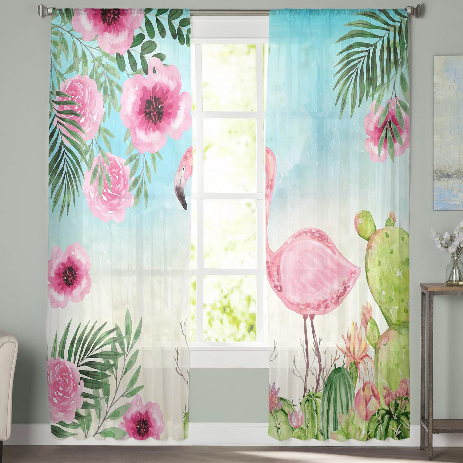 Boho Sheer Voile Curtains 52x84 Inches - Cactus, Flowers, Flamingo & Coconut Leaf Print, Teal Rod Pocket Window Drapes for Bedroom, Living Room & Kitchen | Light Filtering, Privacy & Decorative Window Treatments
