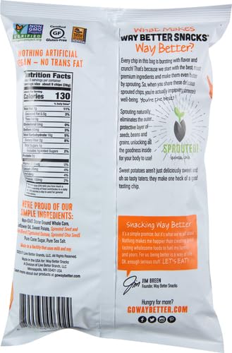 Way Better Snacks Sweet Potato Tortilla Chips - Gluten Free, Non-GMO, Vegan Snack - 5.5oz Bag - Perfect for Parties, Lunchboxes & Healthy Snacking