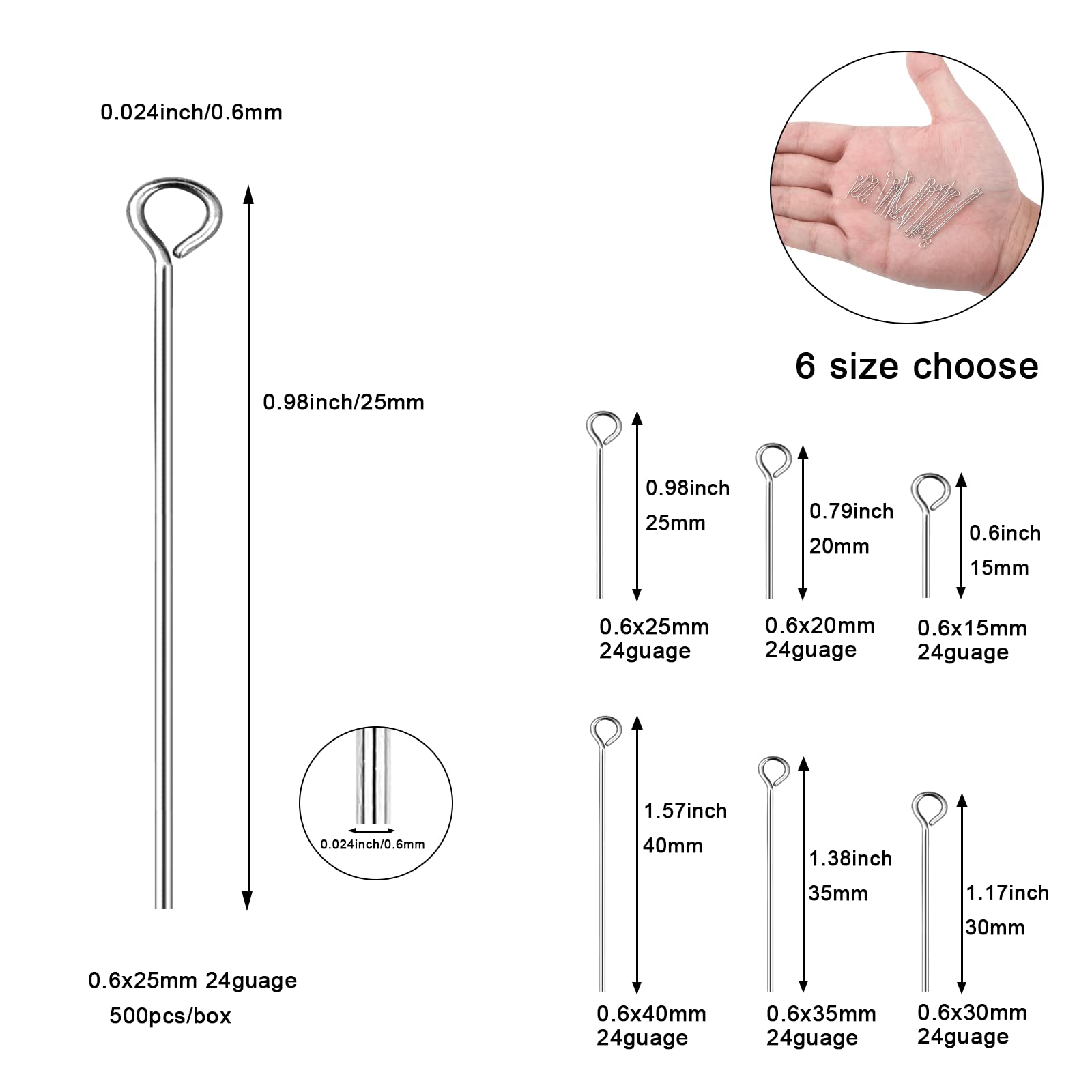 Premium 304 Stainless Steel Jewelry Eye Pins - 24 Gauge Silver Head Pins (0.6x25mm, 500pcs/Box) for DIY Earrings, Necklaces & Bracelets - Durable Open Eye Pins for Charm Jewelry Making - Perfect for Crafting, Gifts & Fashion Accessories