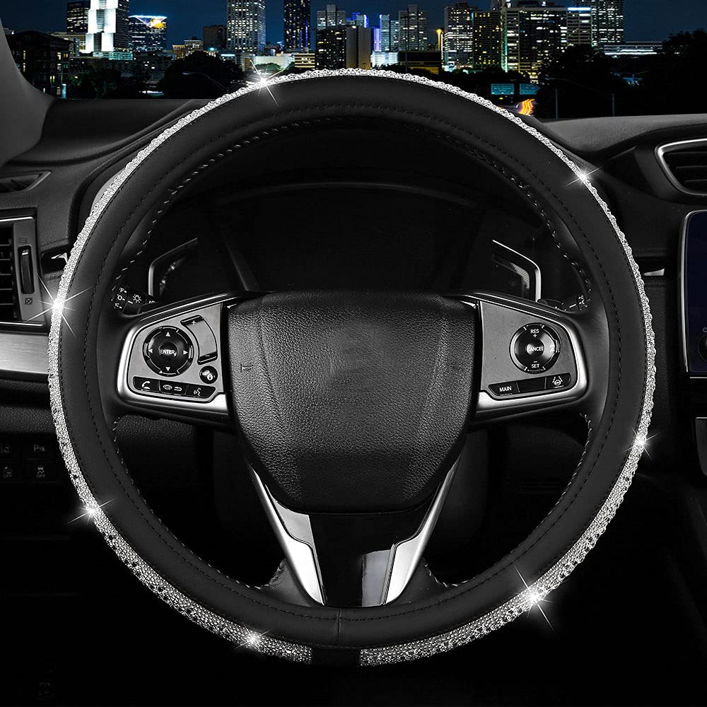 Sparkling Crystal Rhinestones Steering Wheel Cover - Bling Diamond Leather Car Accessories for Women & Girls | Universal 15 Inch Wheel Protector (White) | Luxury Car Interior Upgrade & Gift Idea for Her
