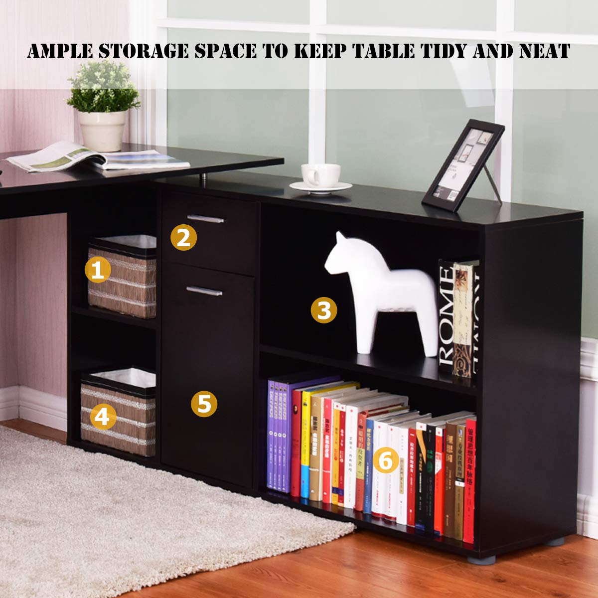 Tangkula Rotating L-Shaped Desk - Large Wooden Computer Desk for Home Office with Storage Shelves | Perfect for Small Spaces, Gaming & Study Setup
