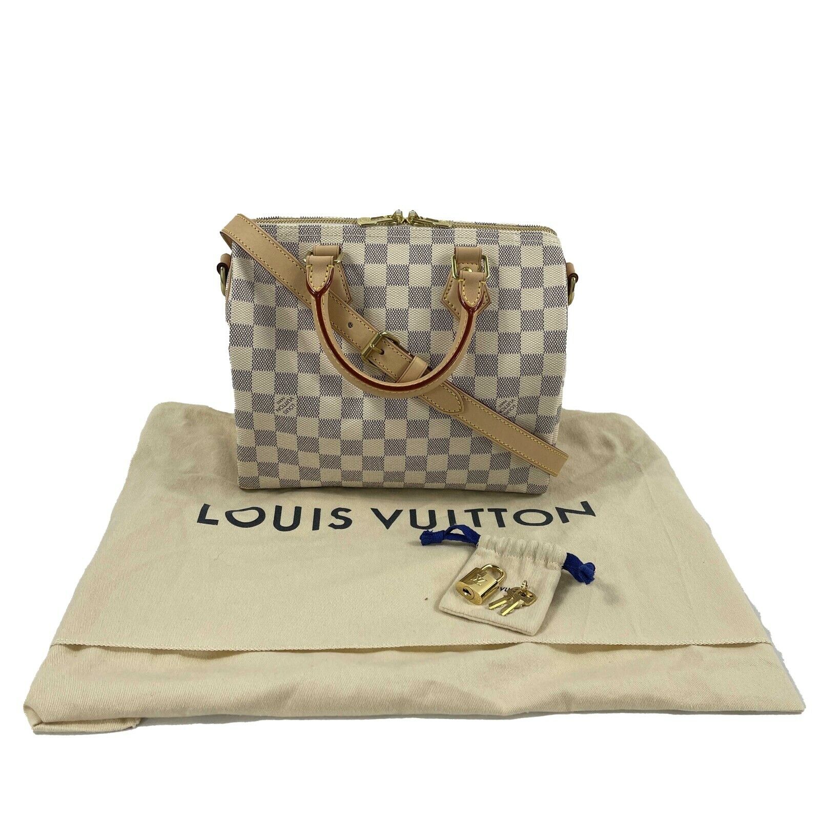 Authentic Louis Vuitton Damier Azur Speedy 25 Bandouliere Crossbody Bag with Adjustable Strap - Luxury Shoulder & Top Handle Purse for Women, Perfect for Travel, Work & Everyday Use