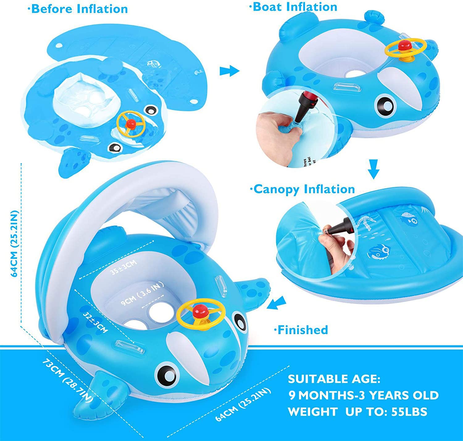 Peradix Inflatable Baby Pool Float with Canopy - Toddler Swim Ring for Sun Protection & Water Play