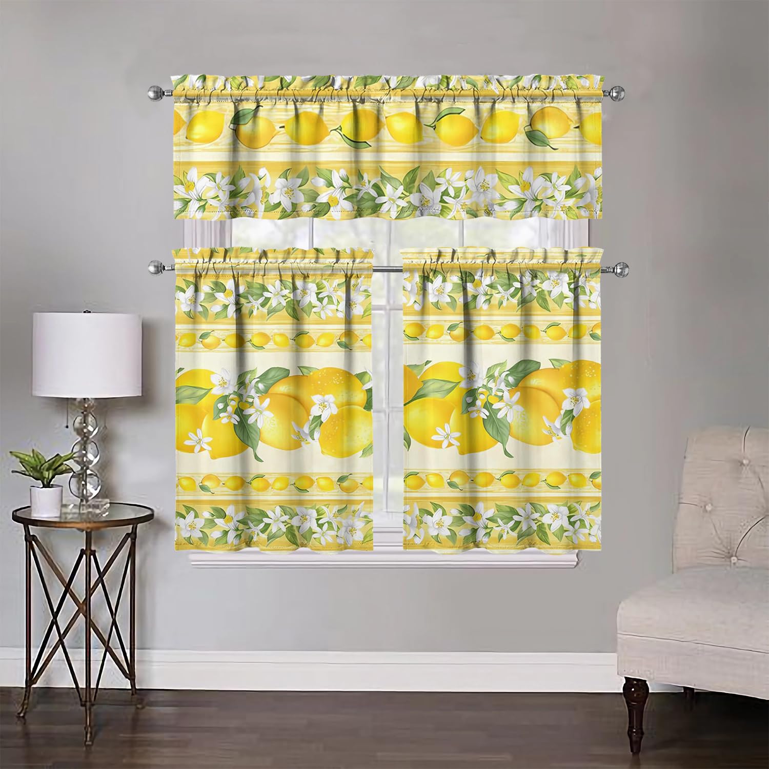 Lemon Kitchen Curtains Set - 3 Piece Window Valance for Sink (54x36