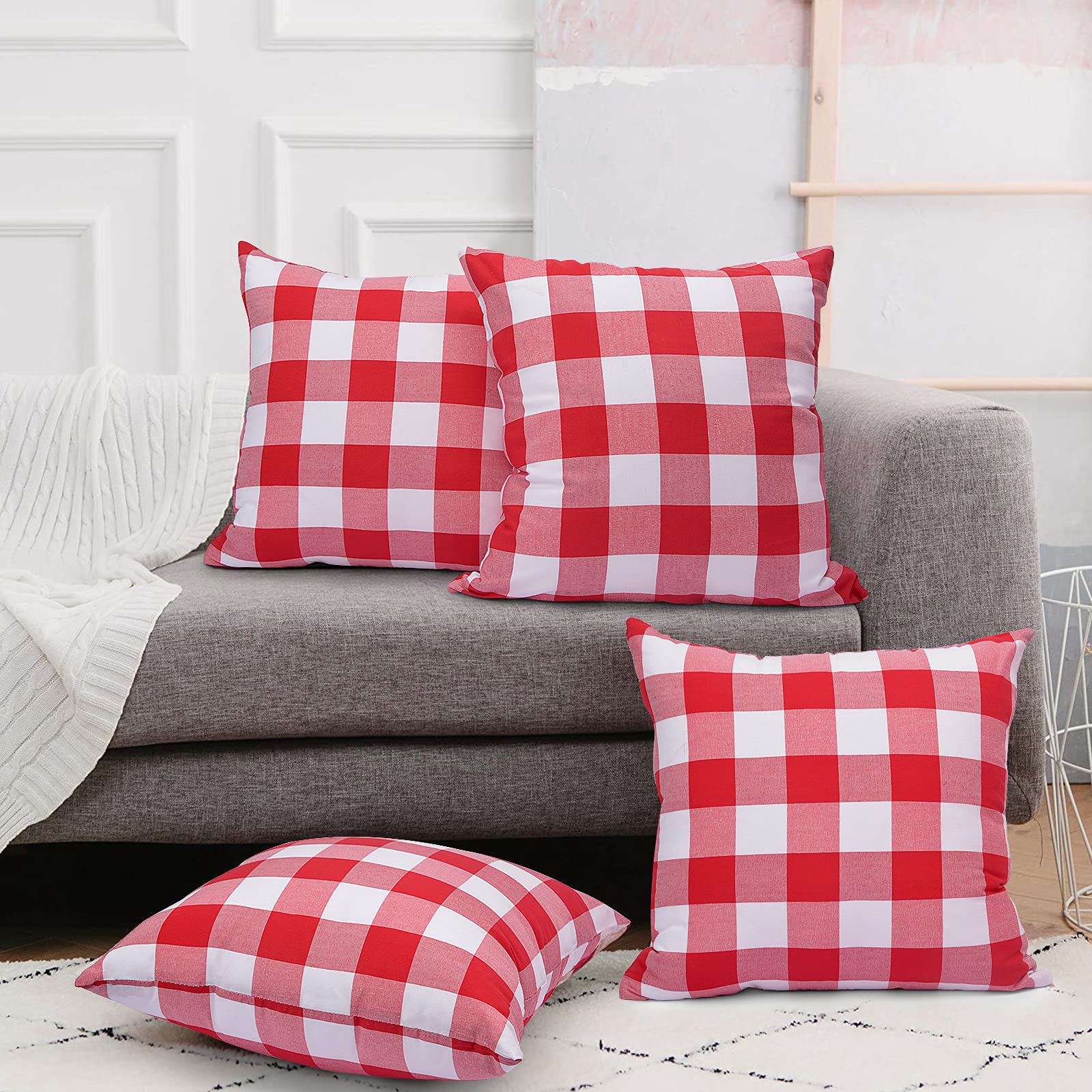 Yuboo Red and White Gingham Pillow Covers Set of 4 - 18x18 Inch Buffalo Plaid Throw Pillow Covers for Couch, Sofa, Valentine's Day, Mother's Day & 4th of July Decor - Perfect for Farmhouse, Rustic & Holiday Home Decor