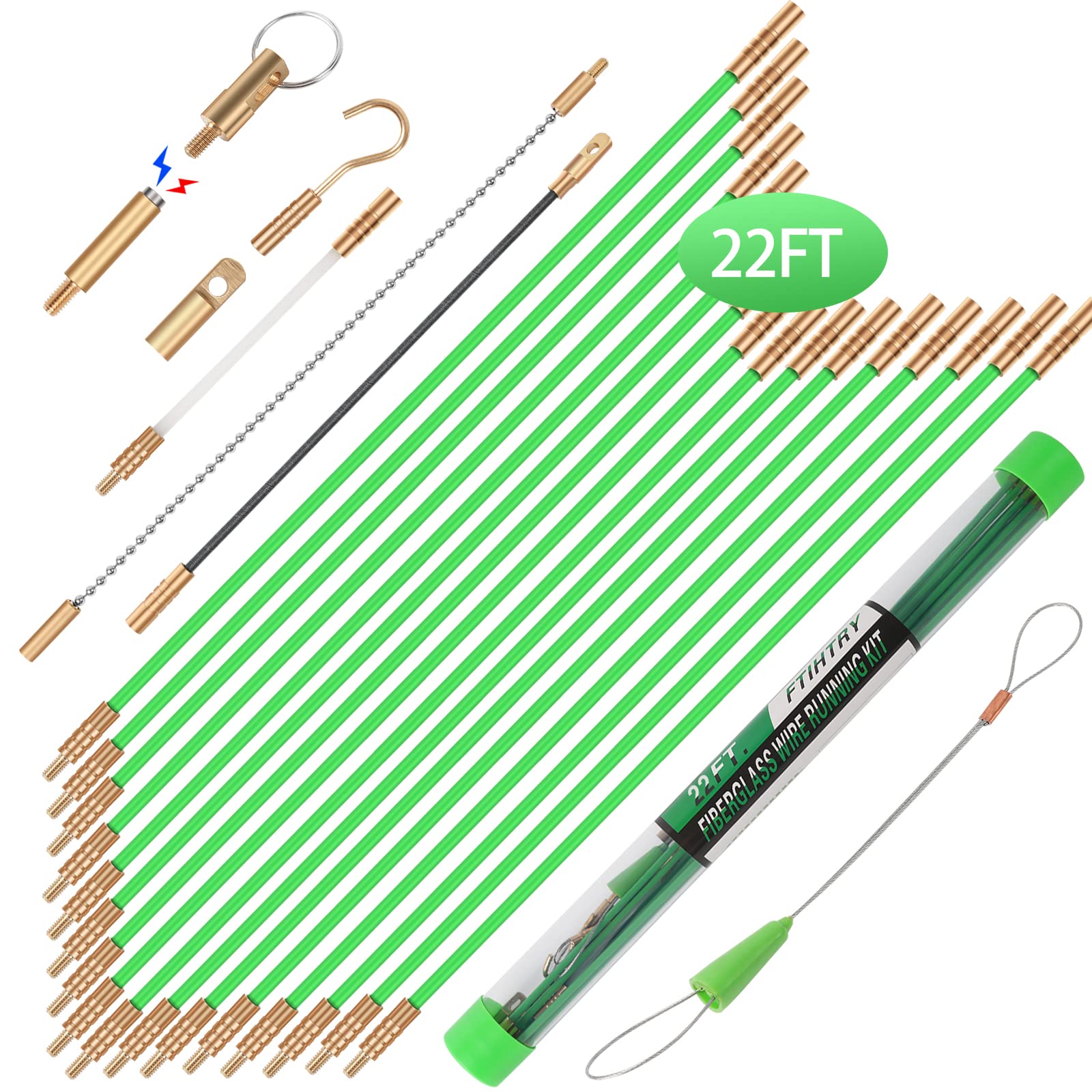 22FT Fiberglass Wire Pulling Kit with 8 Attachments - for Electrical Wiring & Fish Tape Installation