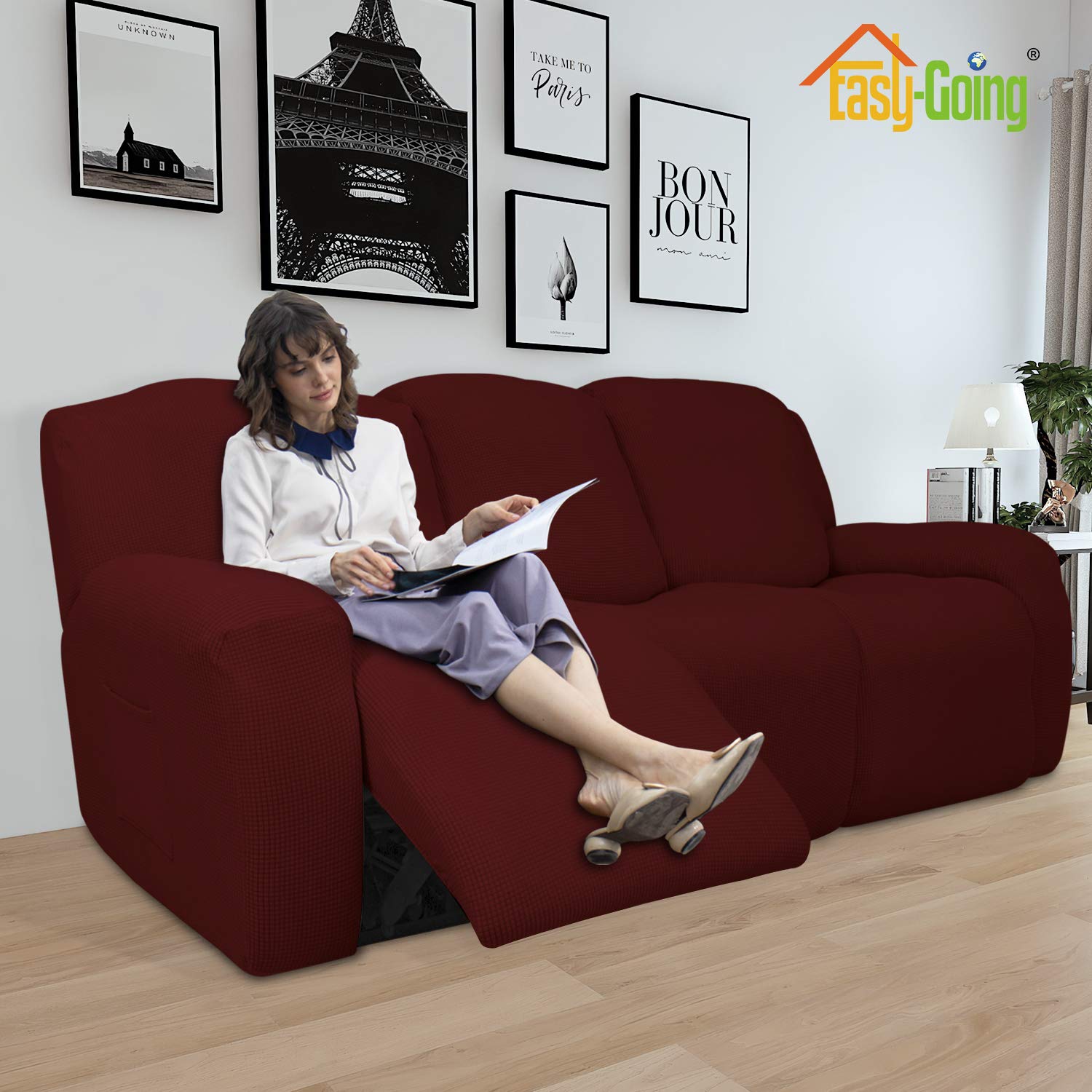 8-Piece Recliner Sofa Slipcover Set - Stretchable Furniture Protector with Elastic Bottom - Spandex Jacquard Fabric with Small Checks Design - Perfect for Kids, Pets & Wine Spills - Ideal for Living Room, Family Room & Home Theater Use