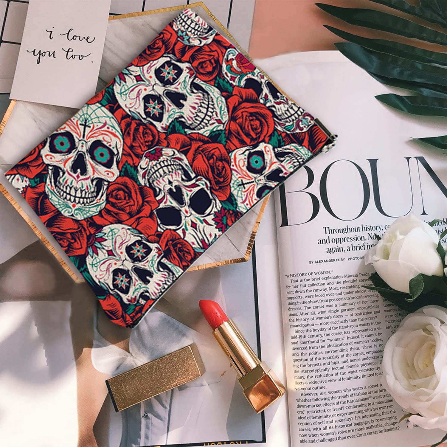 Large Travel Makeup Bag for Women - Waterproof Cosmetic Organizer with Zipper, 7x10 Inch Toiletry Pouch (Skull Flower Design) - Perfect for Travel, Gym, and Daily Beauty Storage