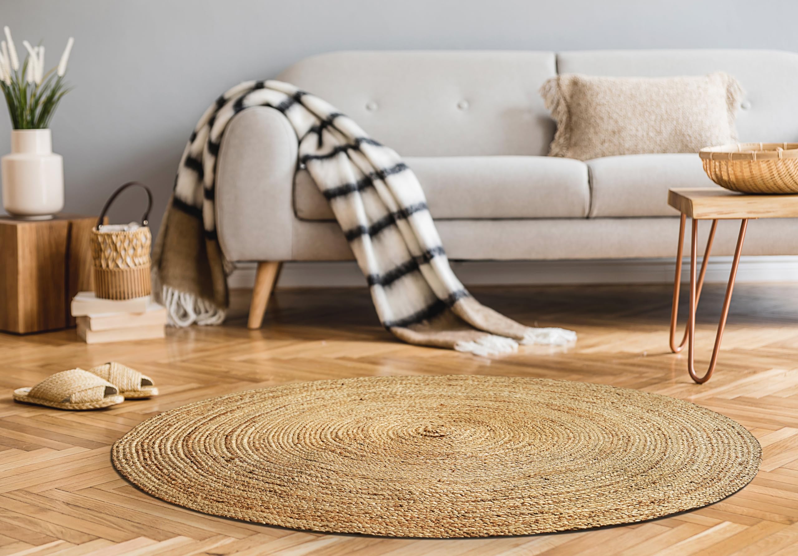 Hausattire 4' Round Hand Woven Jute Braided Rug - Natural Reversible Boho Farmhouse Floor Mat for Kitchen, Living Room, Entryway | Eco-Friendly Home Decor, Non-Slip Dining Area Rug, Perfect for Cozy Spaces & High Traffic Areas