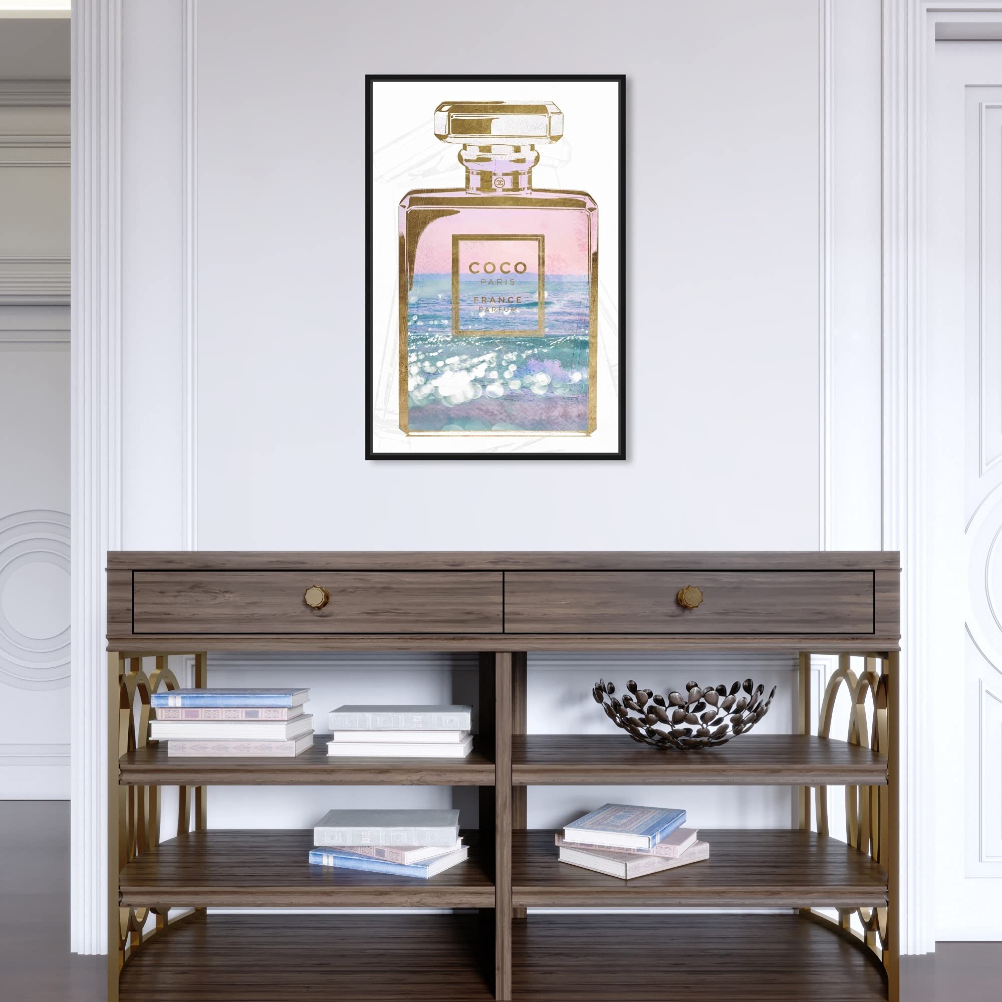 Oliver Gal Fashion and Glam Wall Art Canvas Print - Blush Ocean Spray Perfume Theme, 16x24 Inches, Black Floating Frame - Perfect for Living Room, Bedroom & Office Décor