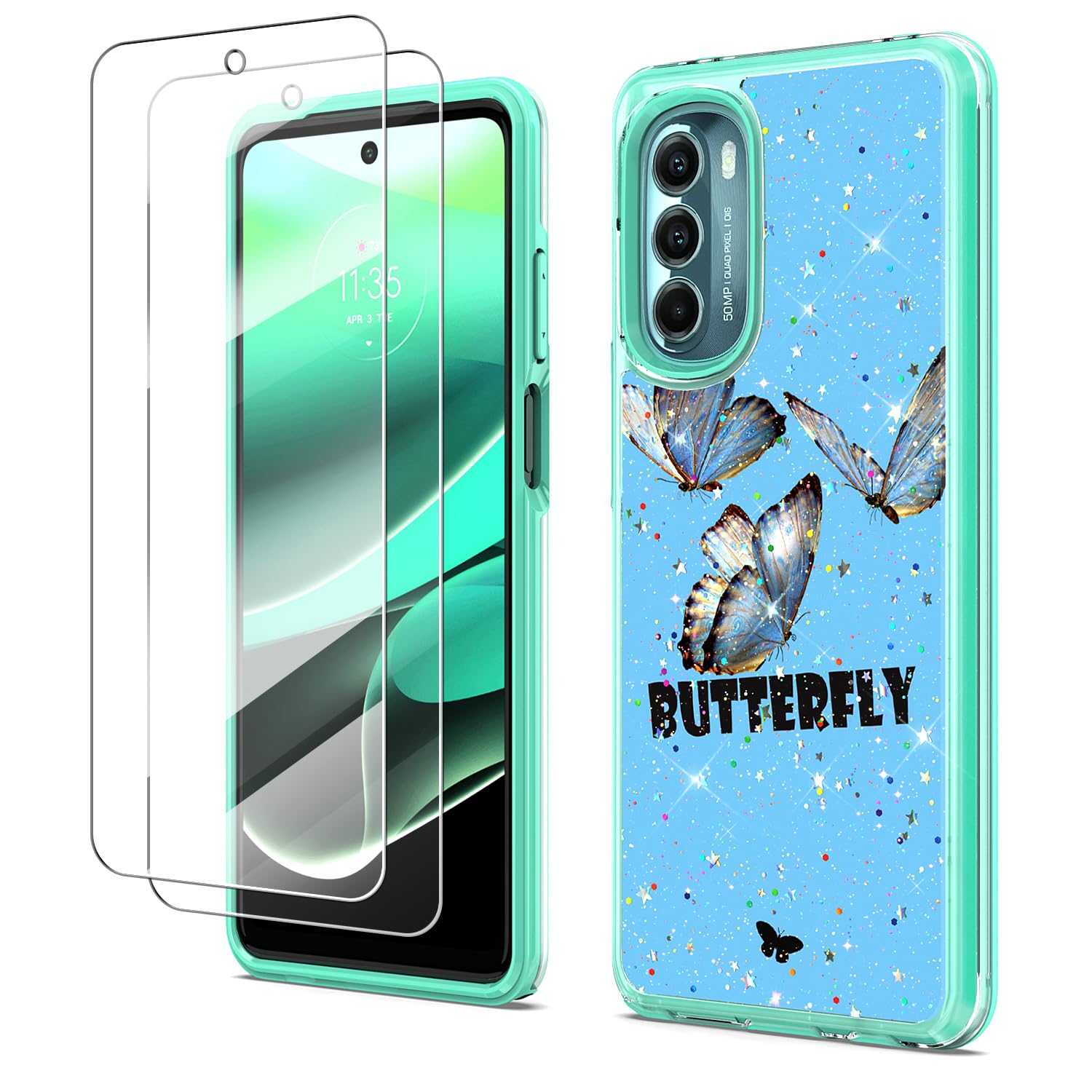 Shockproof Cute Glitter Butterfly Phone Case for Moto G Stylus 5G 2022 [2-Pack] with Screen Protector - Slim Soft TPU & Hard Back Cover for Women & Girls (Teal) | Perfect for Everyday Protection & Stylish Accessorizing