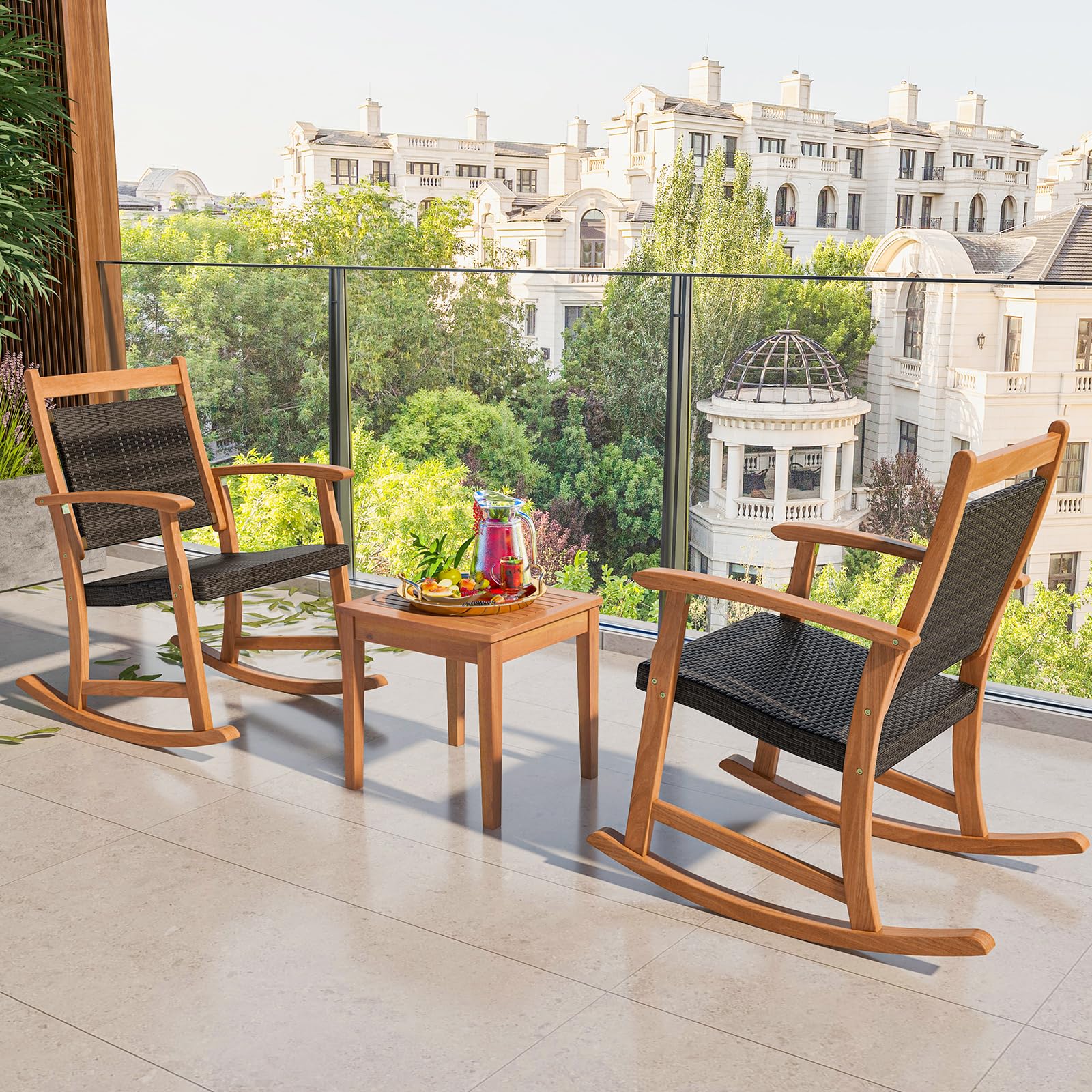 Tangkula 3-Piece Acacia Wood Patio Rocking Chair Set with Wicker Rattan Seat & Side Table - Outdoor Garden Furniture for Backyard, Poolside & Relaxation | Perfect for Lounging, Entertaining & Enjoying Summer Evenings