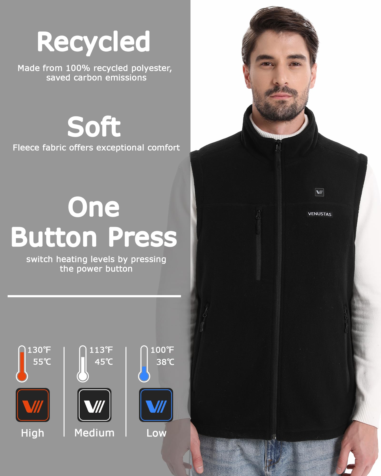 Venustas Men's Heated Fleece Vest with 6 Heating Zones - Lightweight Electric Jacket for Winter | Rechargeable Battery Heated Vest for Outdoor Activities, Hunting & Work