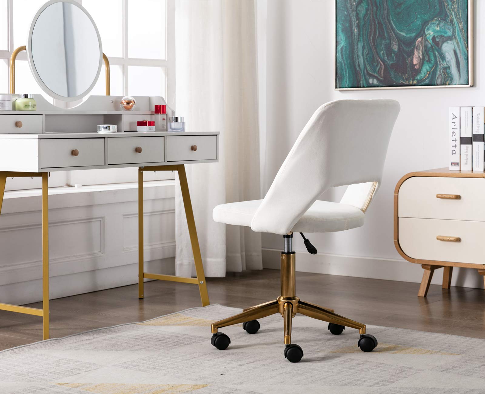 Velvet Office Desk Chair with Wheels - Mid Back Modern Home Office Chair, Small and Cute for Bedroom, White with Gold Base - Perfect for Home Office, Study, Dorm Room, and Small Spaces