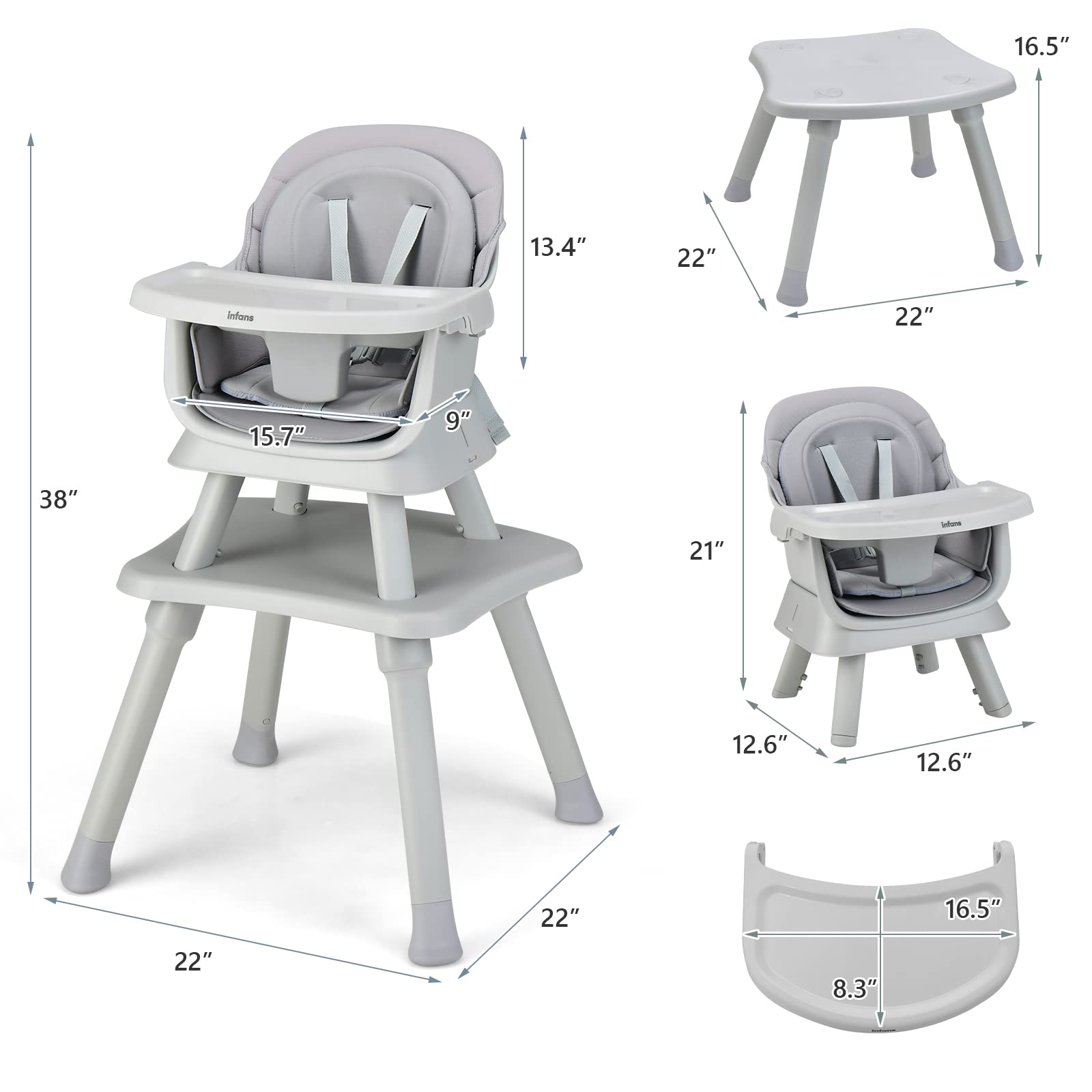 INFANS 8-in-1 Convertible Baby High Chair & Toddler Booster Seat with Removable Tray - Multifunctional Dining, Play & Learning Table for Infants - Perfect for Mealtime, Playtime & Building Blocks Activities