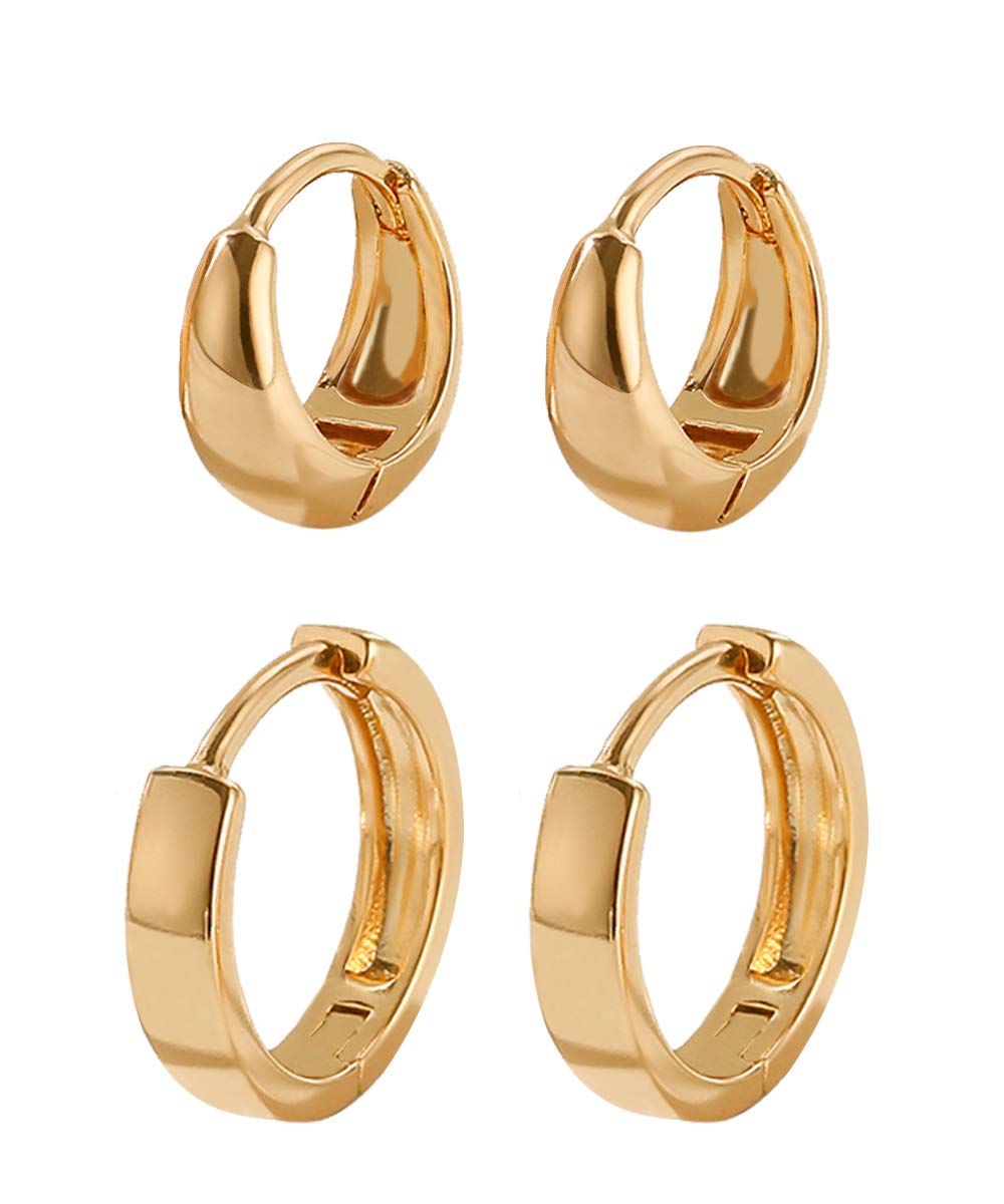 2 Pairs 14K Gold Filled Huggie Hoop Earrings - Tiny Hypoallergenic Cartilage Earrings Set for Women & Men | Minimalist Chunky Sleeper Cuffs | Perfect for Everyday Wear, Gifts & Special Occasions