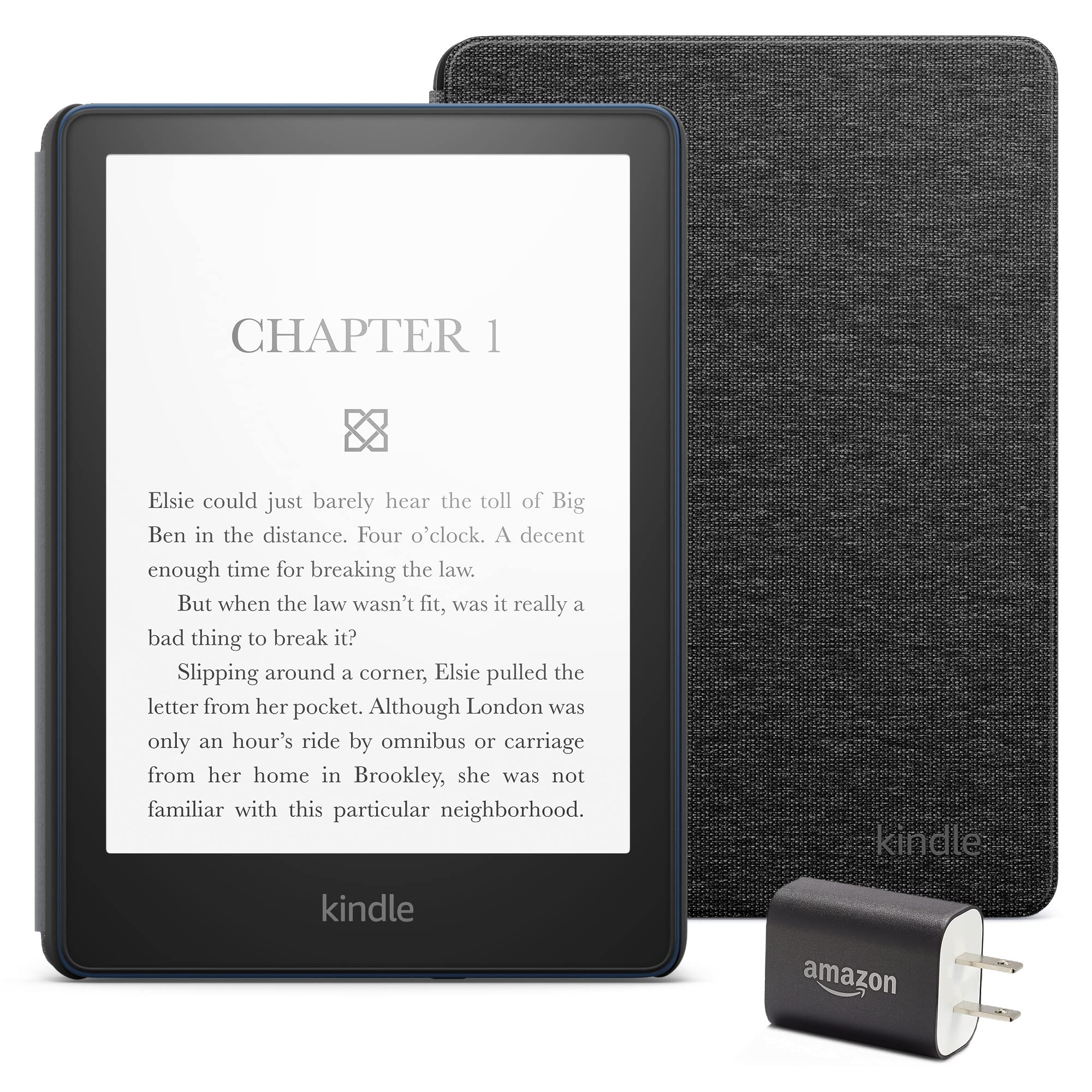 Kindle Paperwhite Essentials Bundle - 16GB E-Reader with Black Fabric Cover & Power Adapter - Perfect for Reading, Travel & Gifts