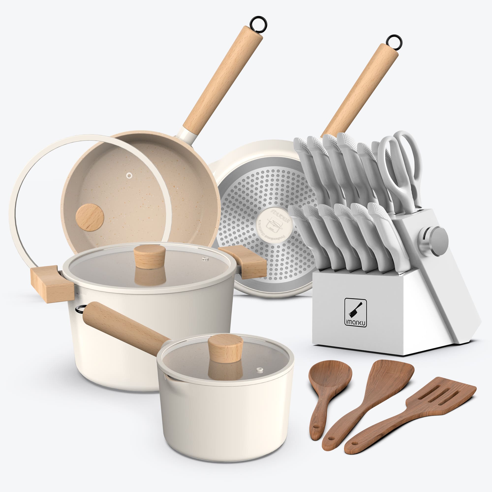Premium White Harmony 10-Piece Nonstick Cookware & Stainless Steel Knife Set - Complete Kitchen Essentials for Cooking, Baking & Meal Prep | Dishwasher Safe & Oven Safe Up to 450°F