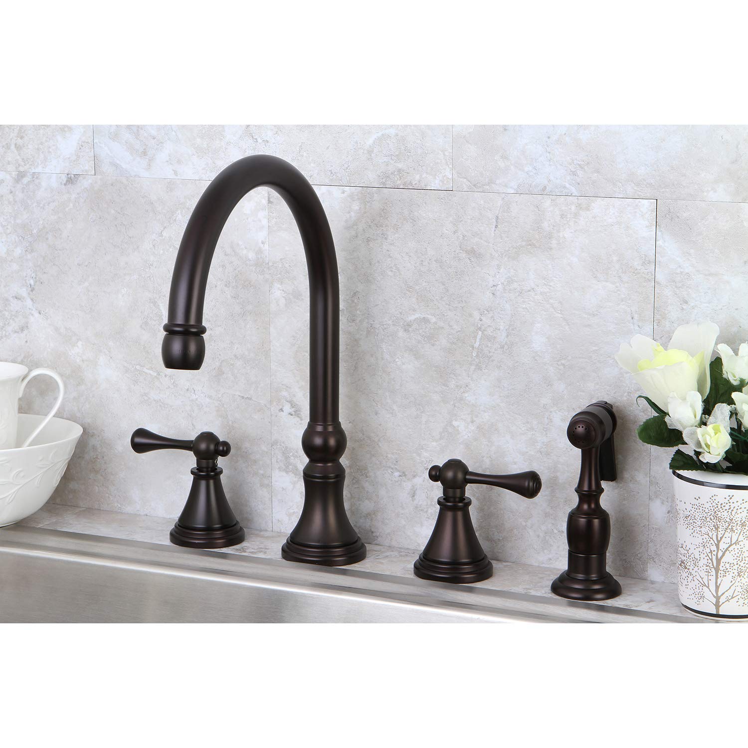 Elements of Design ES2795BLBS Governor 8-16 Inch Widespread Kitchen Faucet with Brass Sprayer - Oil Rubbed Bronze Finish - Perfect for Modern Farmhouse & Industrial Style Kitchens