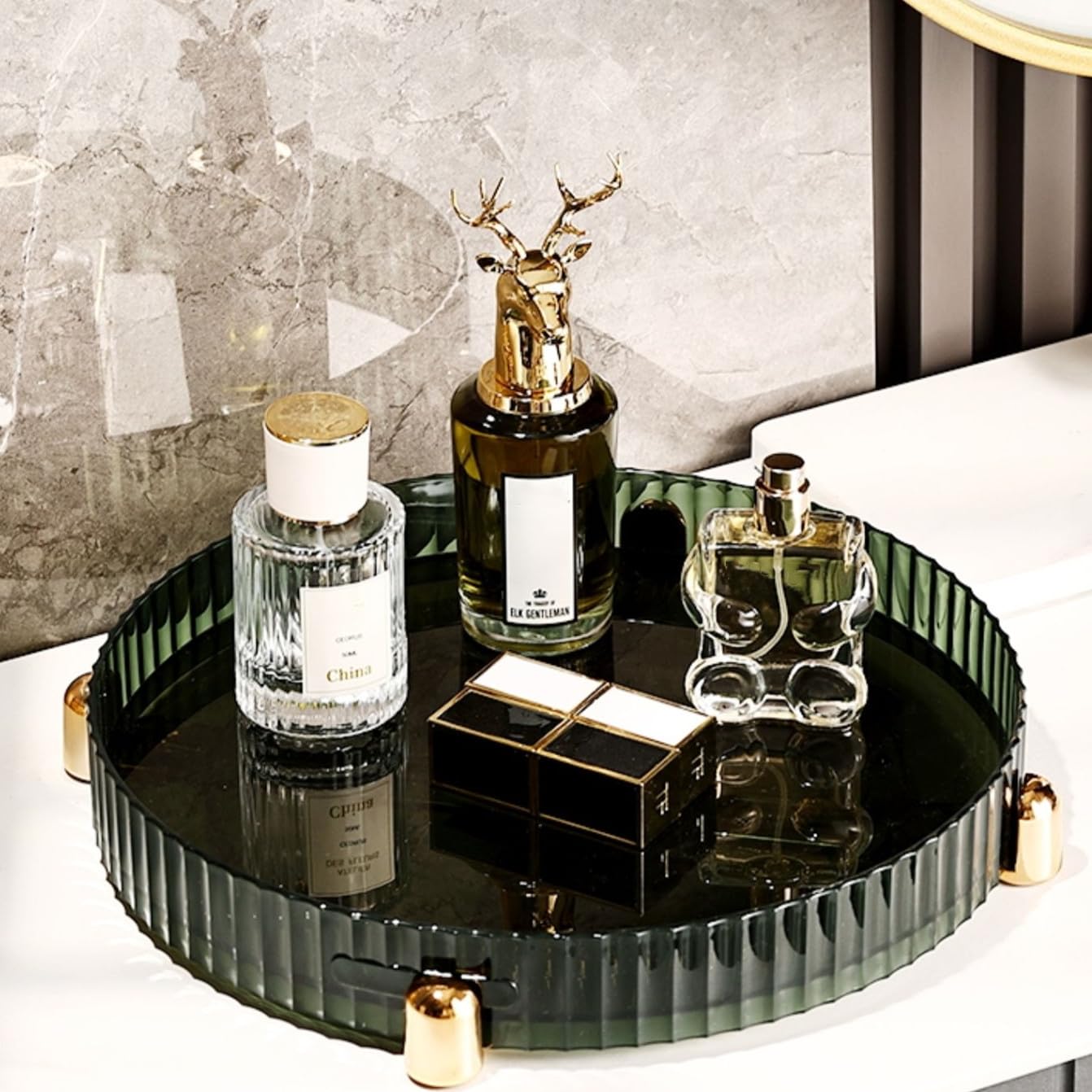 360° Rotating Makeup Organizer - Dark Green Vanity Tray for Bathroom & Dresser