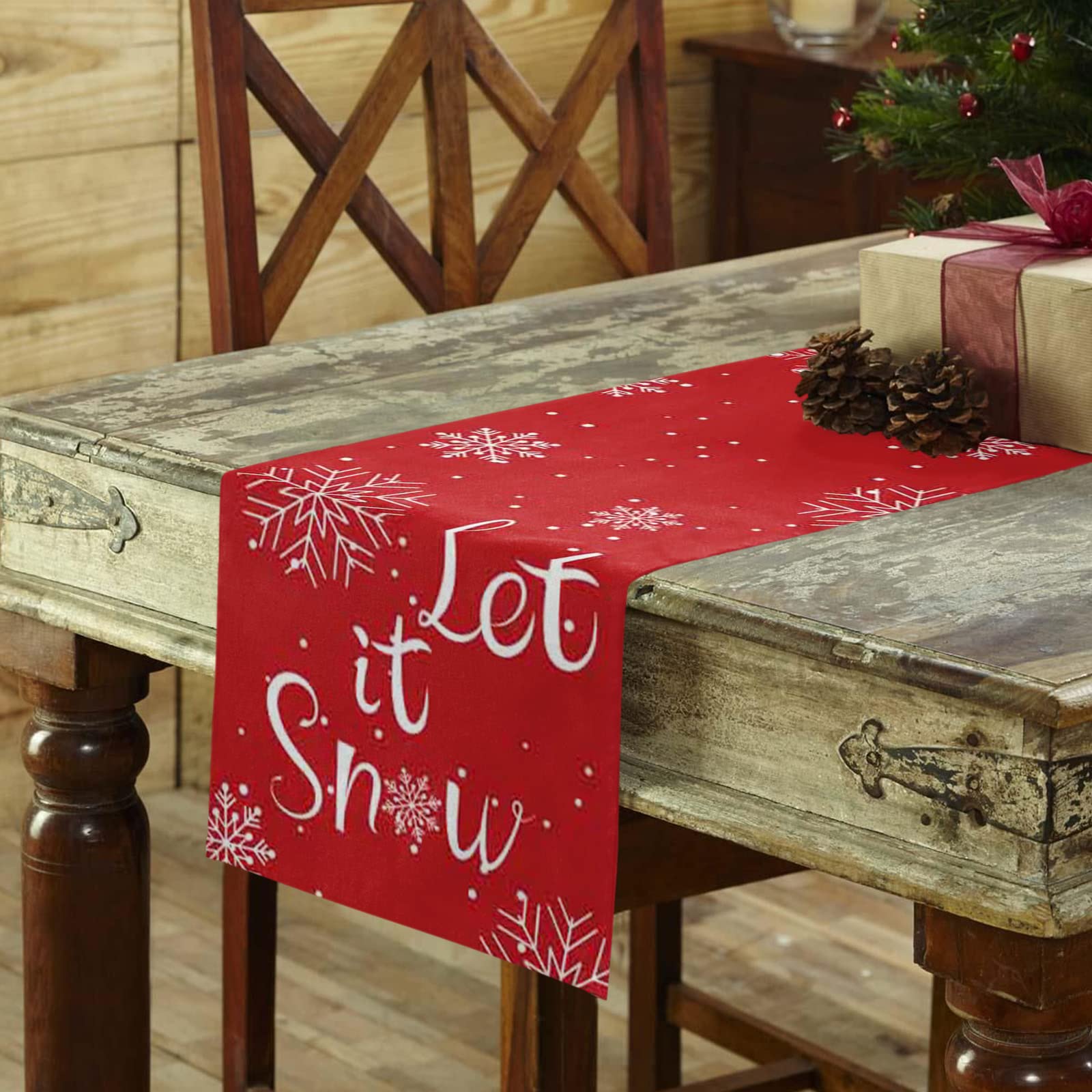 72 Inch Christmas Table Runner - Cotton Linen Holiday Dining Table Decor with Red Snowflake Design, Let It Snow Theme for Christmas, Rustic Xmas Table Scarf (13